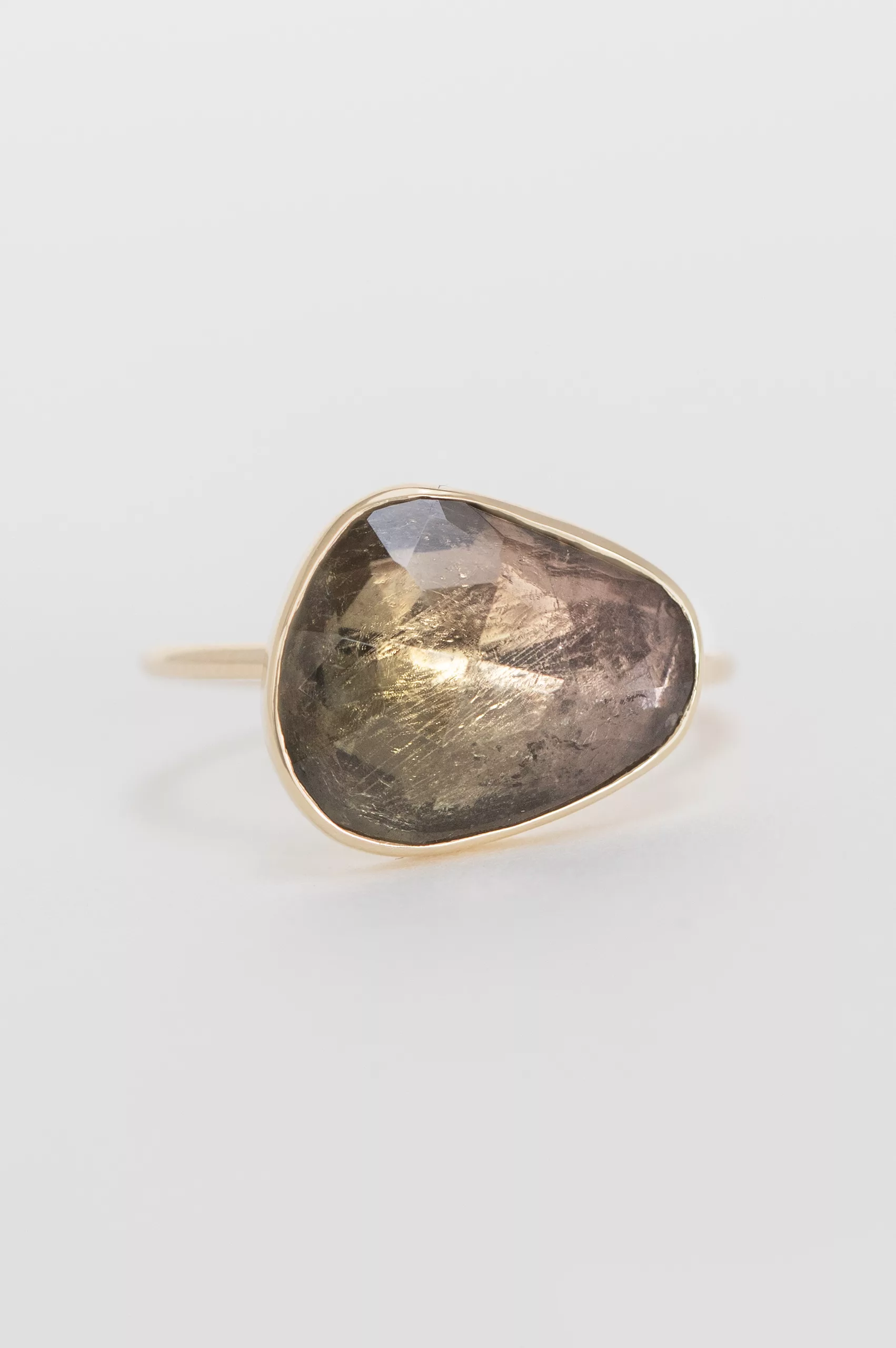 Yellow gold ring large freeform watermelon tourmaline open bezel slim band Celine Daoust