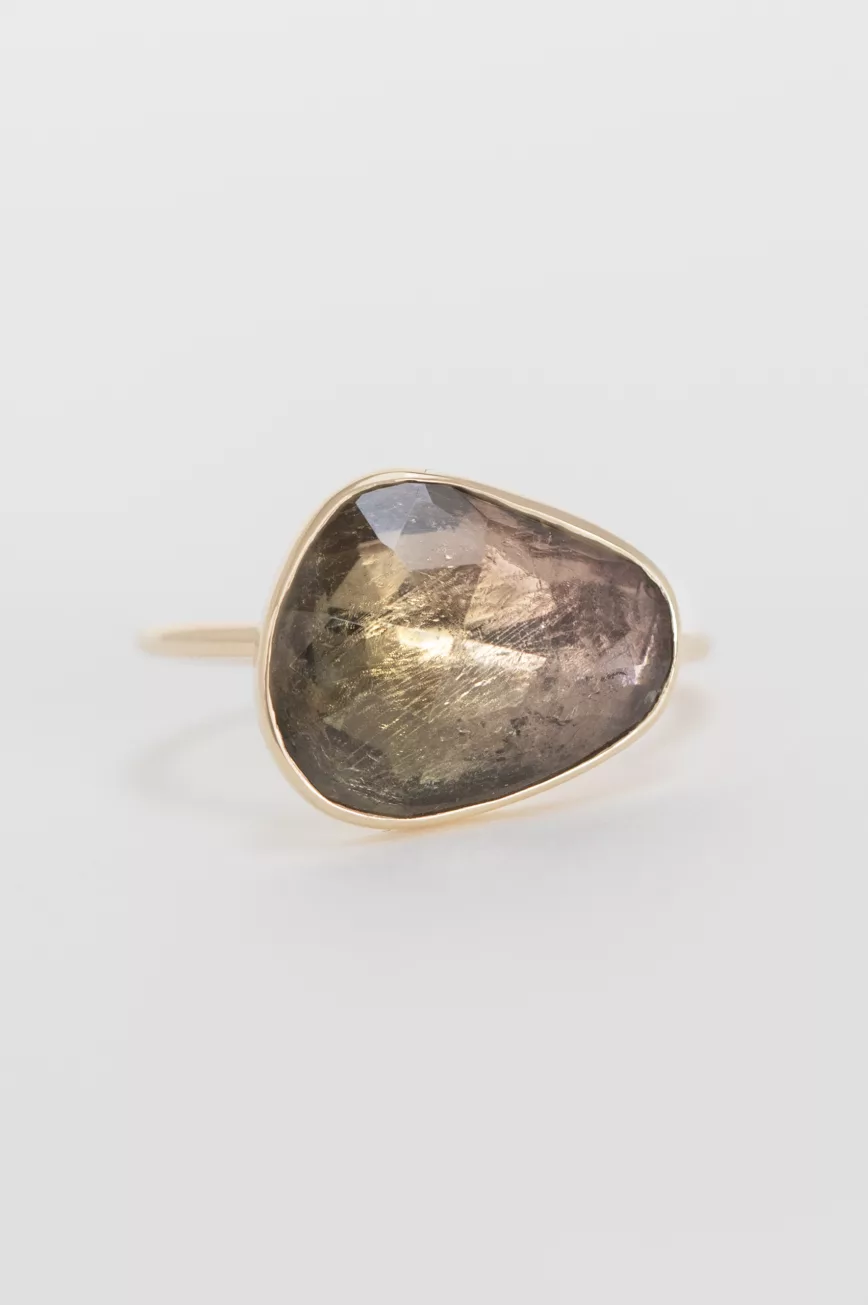 Yellow gold ring large freeform watermelon tourmaline open bezel slim band Celine Daoust