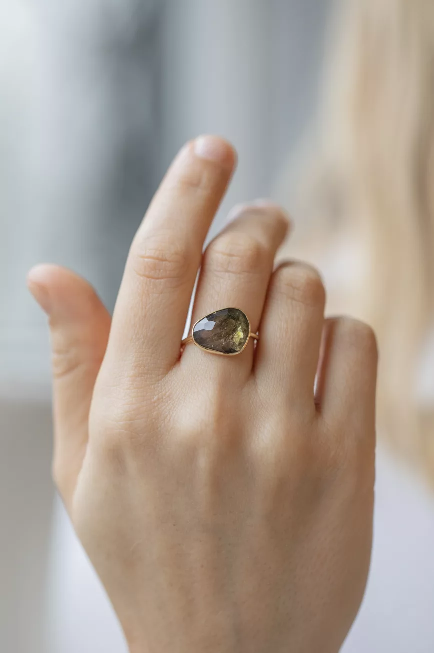 Yellow gold ring large freeform watermelon tourmaline open bezel slim band Celine Daoust