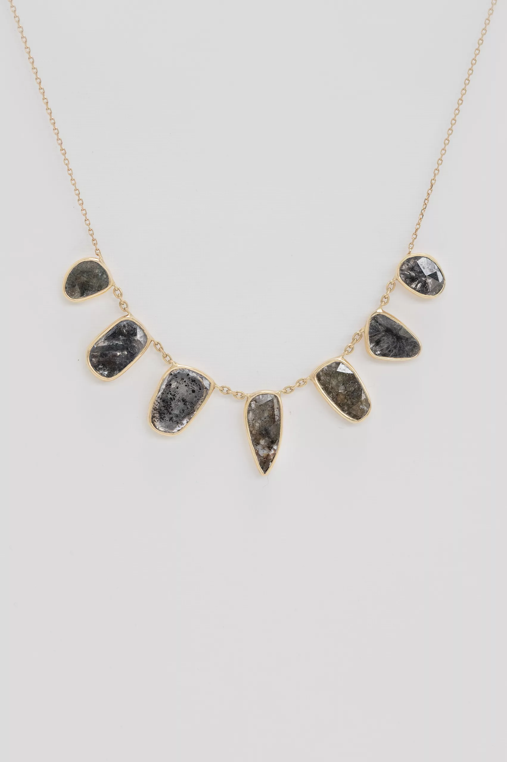 Yellow gold necklace multiple grey diamond slices bezel set chain Celine Daoust