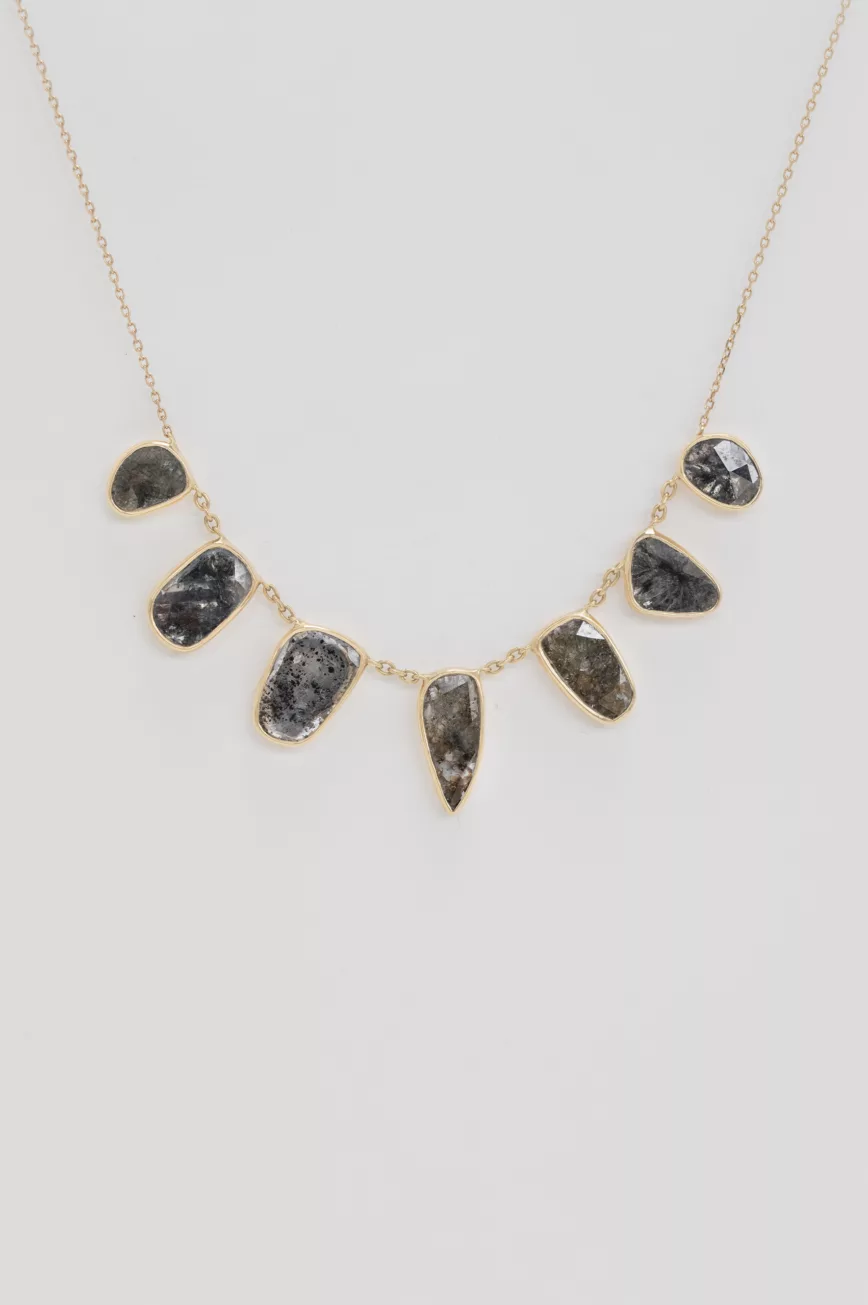 Yellow gold necklace multiple grey diamond slices bezel set chain Celine Daoust