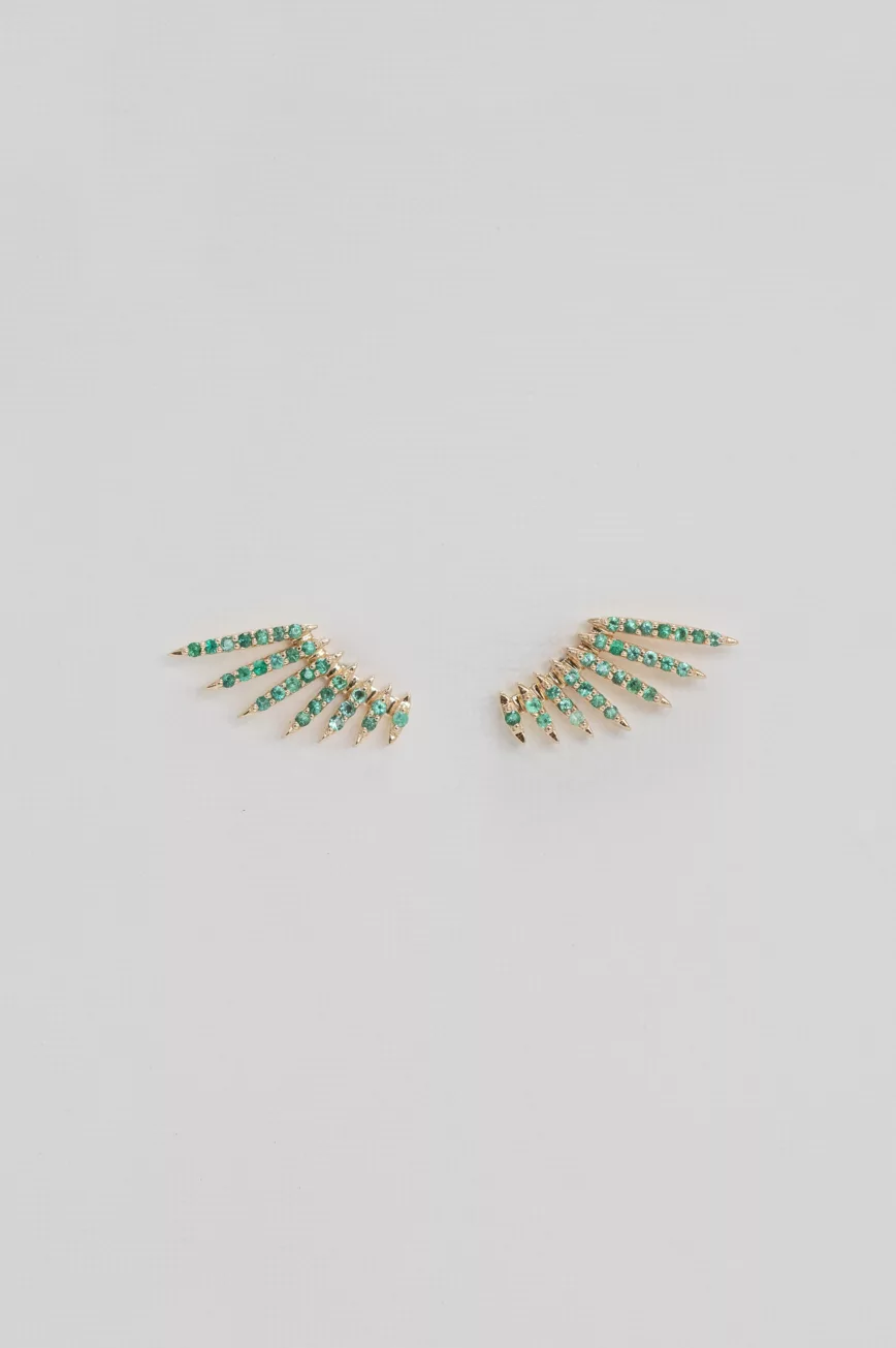 Yellow gold stud earrings sculpted wing motif pavé emerald pair Celine Daoust