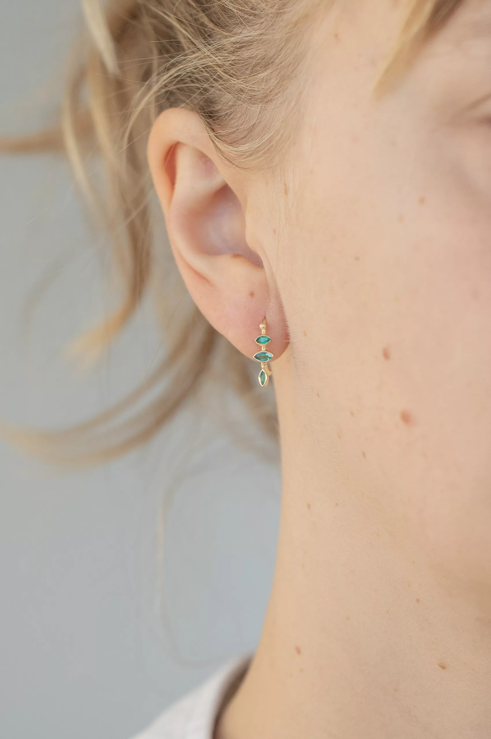 Yellow gold hoop earrings triple marquise emerald dangling drops pair Celine Daoust