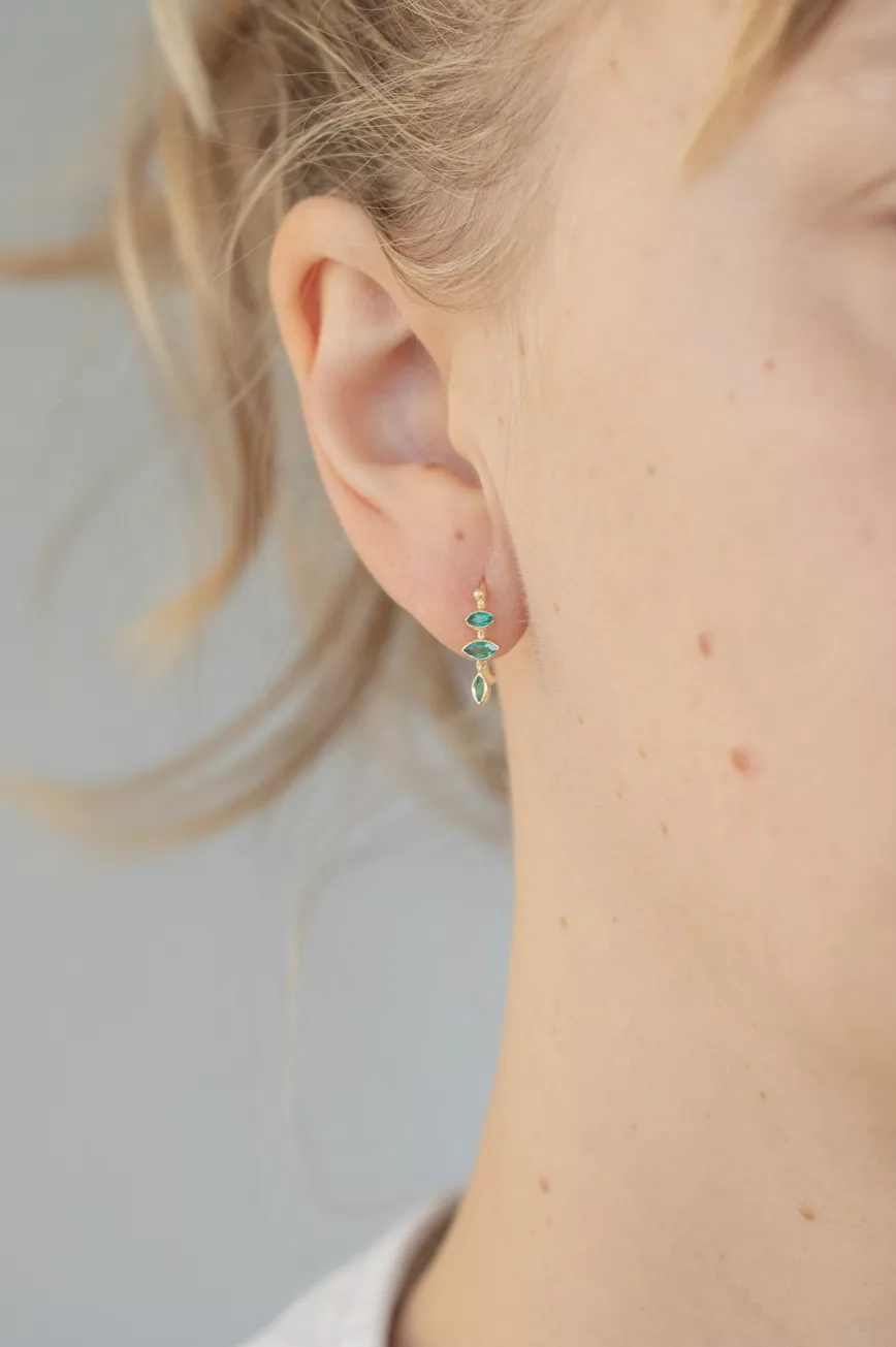 Yellow gold hoop earrings triple marquise emerald dangling drops pair Celine Daoust