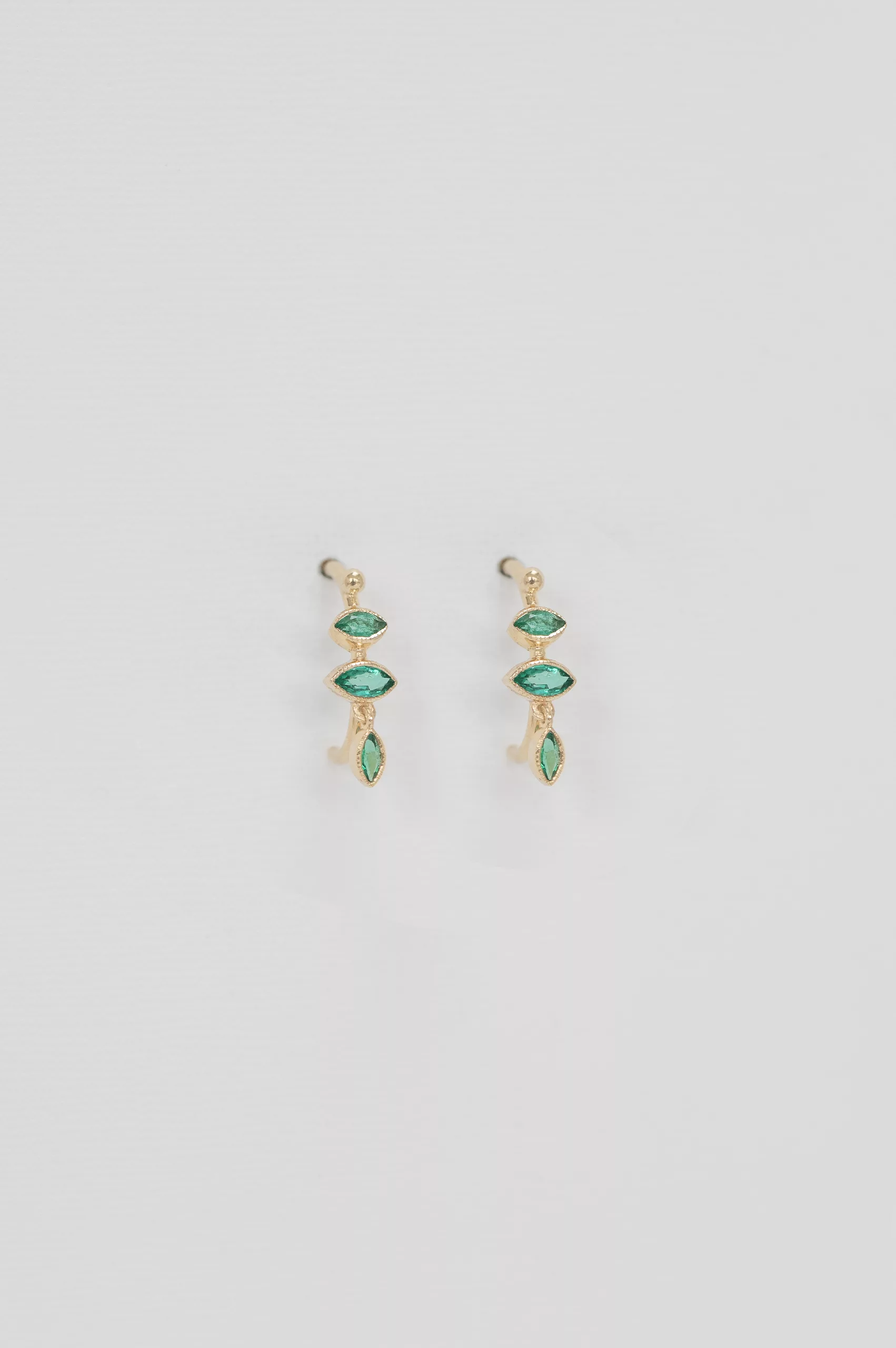 Yellow gold hoop earrings triple marquise emerald dangling drops pair Celine Daoust