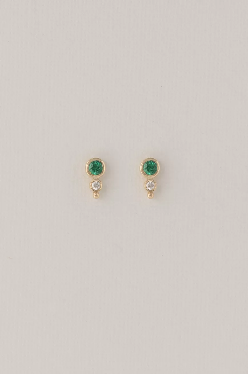 Yellow gold stud earrings round emerald diamond accent pair Celine Daoust
