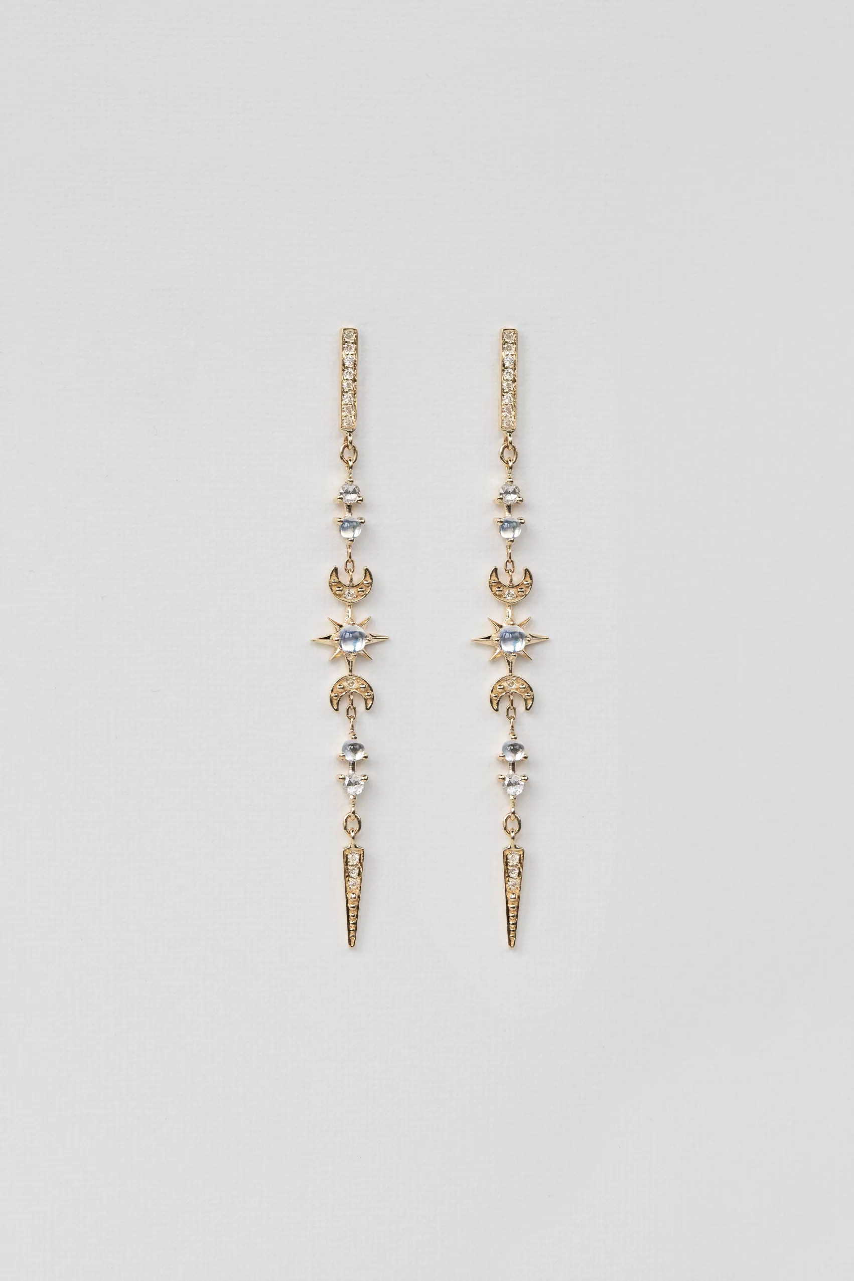 Yellow gold long drop earrings moonstone diamond star moon spike drops pair Celine Daoust