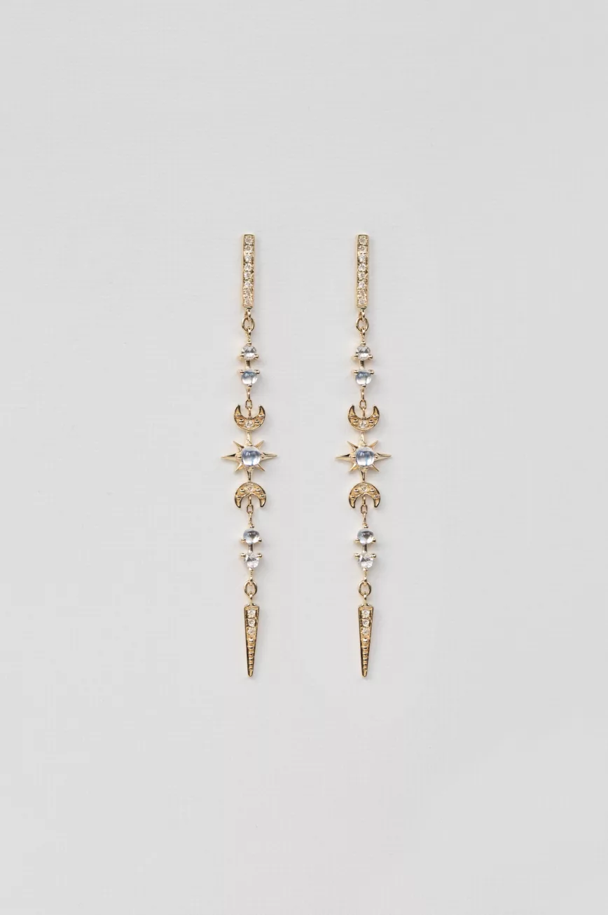 Yellow gold long drop earrings moonstone diamond star moon spike drops pair Celine Daoust