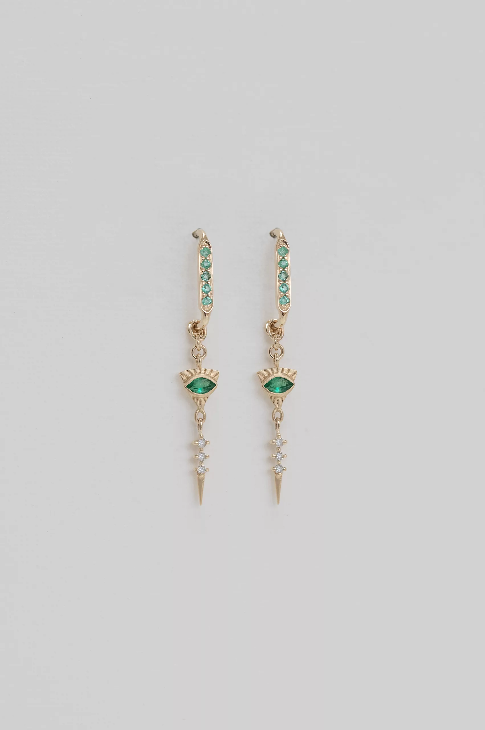 Yellow gold hoop earrings emerald diamond eye motif dangling spike drops pair Celine Daoust