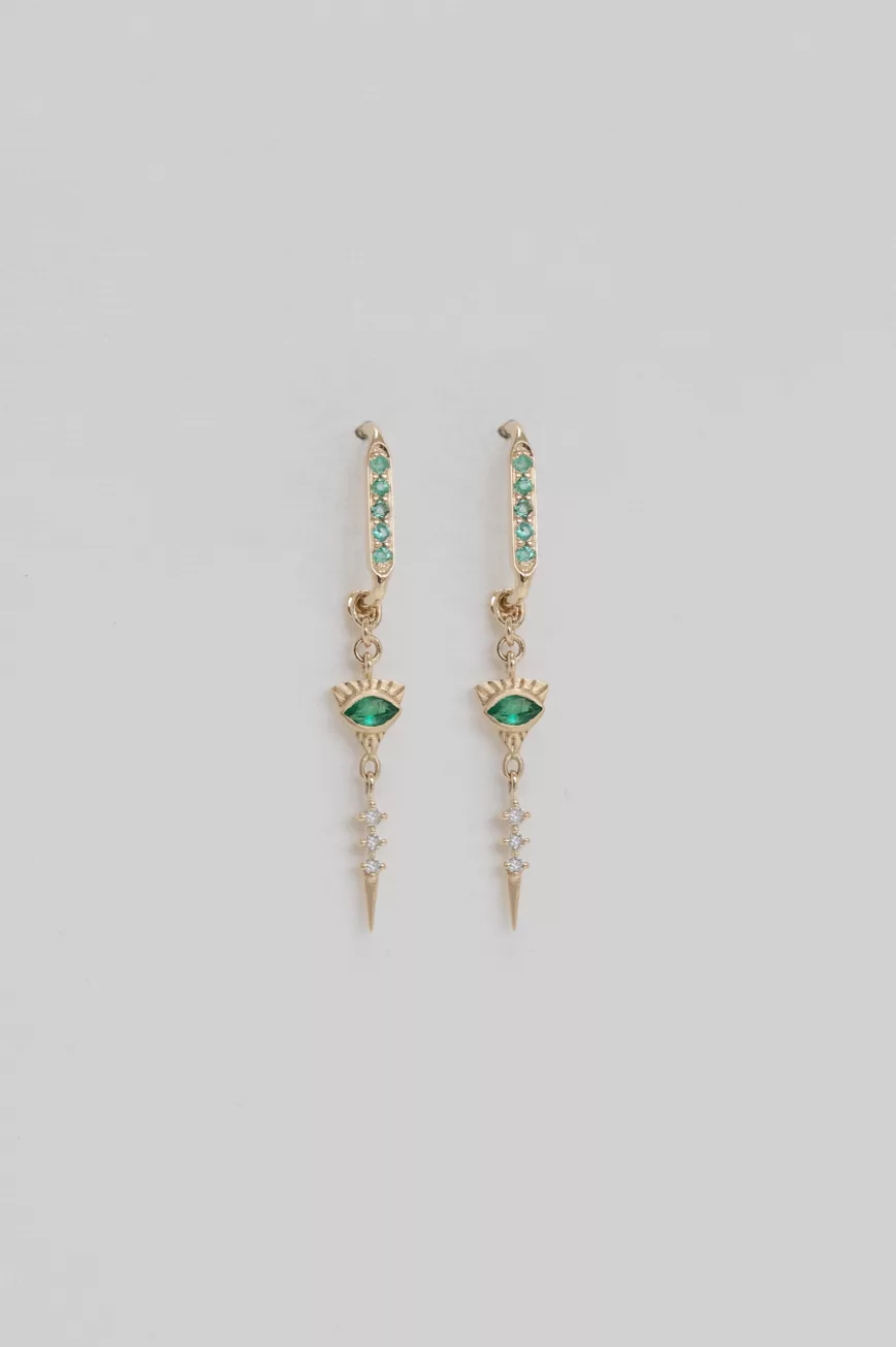 Yellow gold hoop earrings emerald diamond eye motif dangling spike drops pair Celine Daoust
