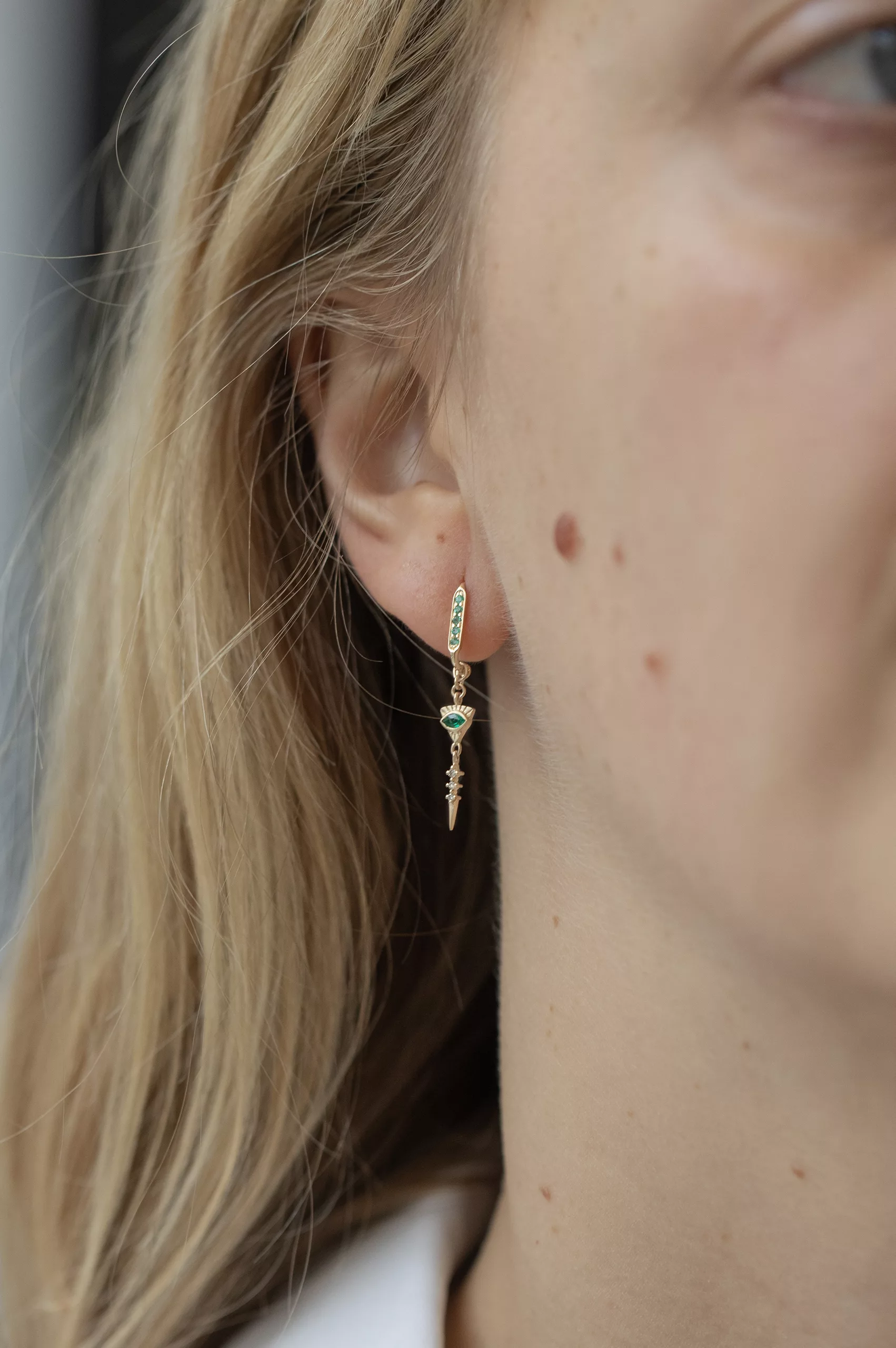 Yellow gold hoop earrings emerald diamond eye motif dangling spike drops pair Celine Daoust