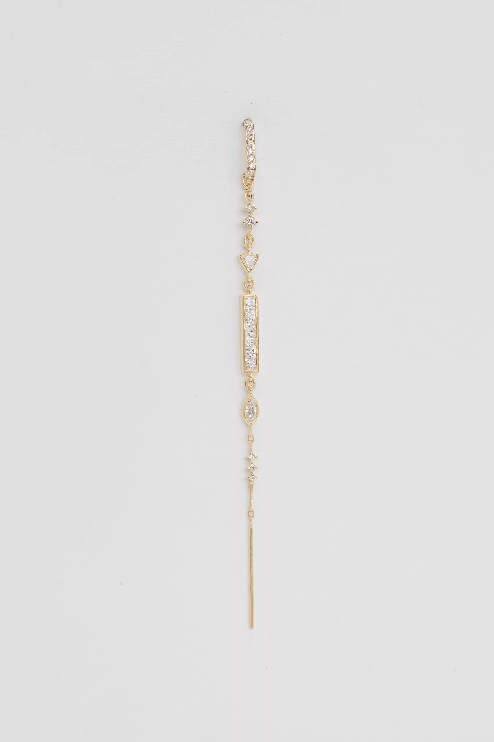 Yellow gold single threader earring square trillion diamond linear drop Celine Daoust