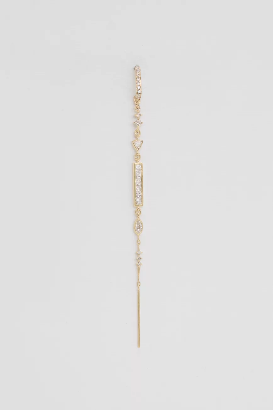 Yellow gold single threader earring square trillion diamond linear drop Celine Daoust