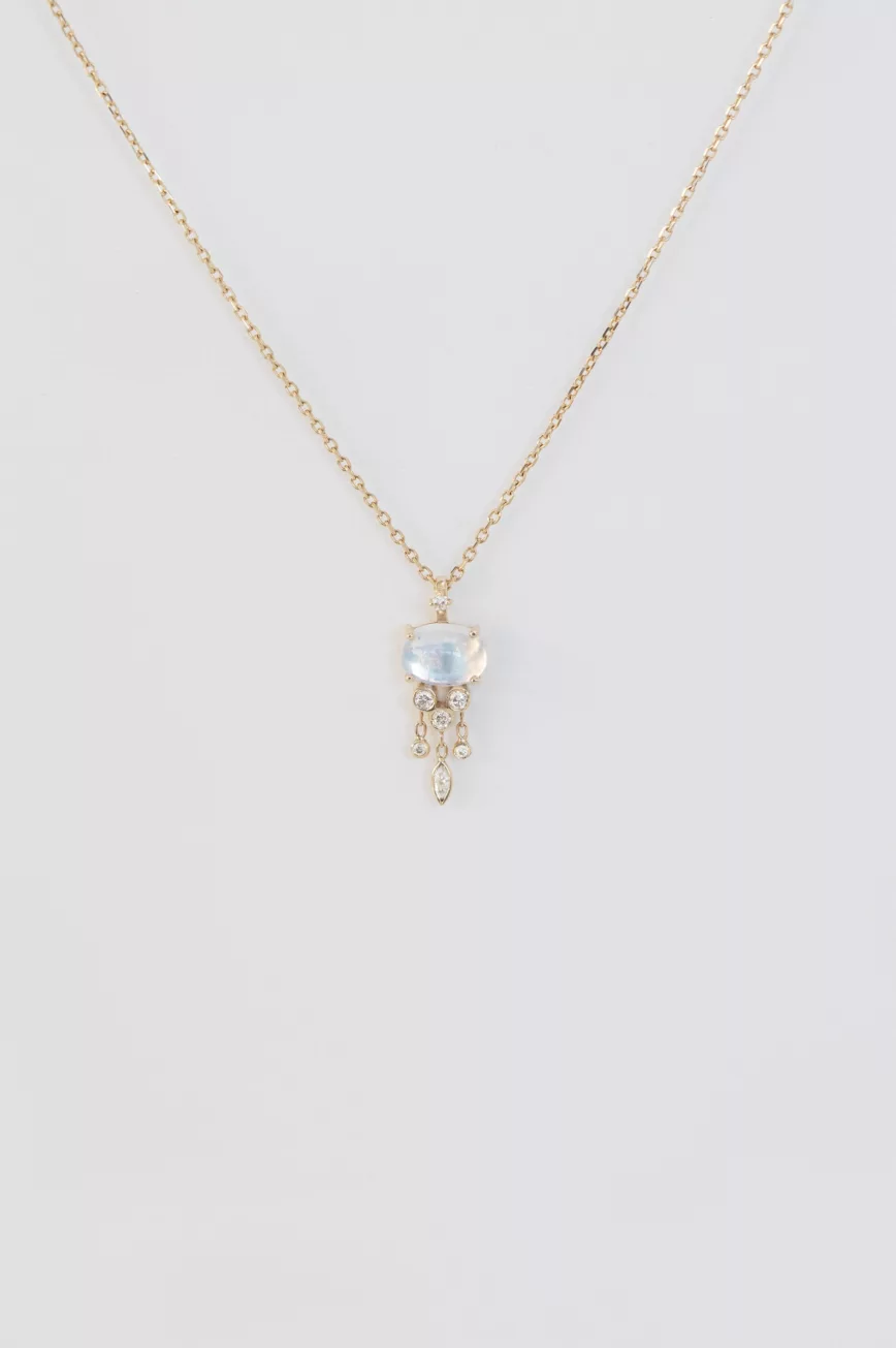 Gold necklace moonstone cabochon dangling diamond drops jellyfish Céline Daoust