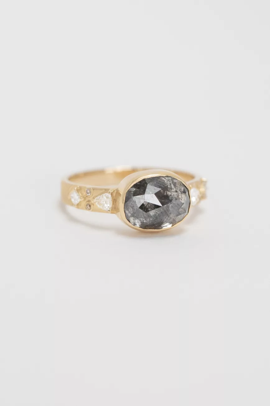 Yellow gold wide band ring oval grey diamond triangle diamond side accents Celine Daoust