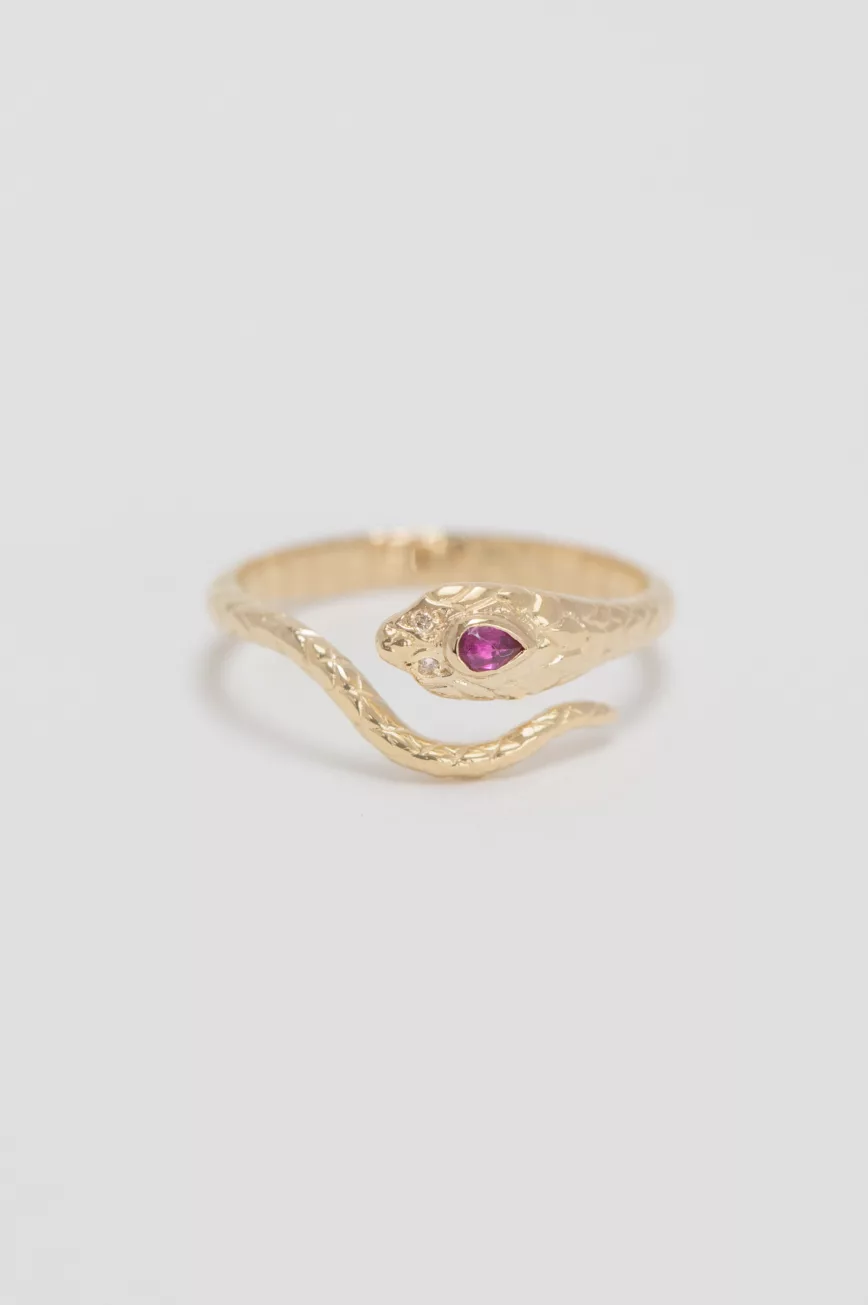 Yellow gold ring sculpted cobra motif pear ruby diamond accent Celine Daoust