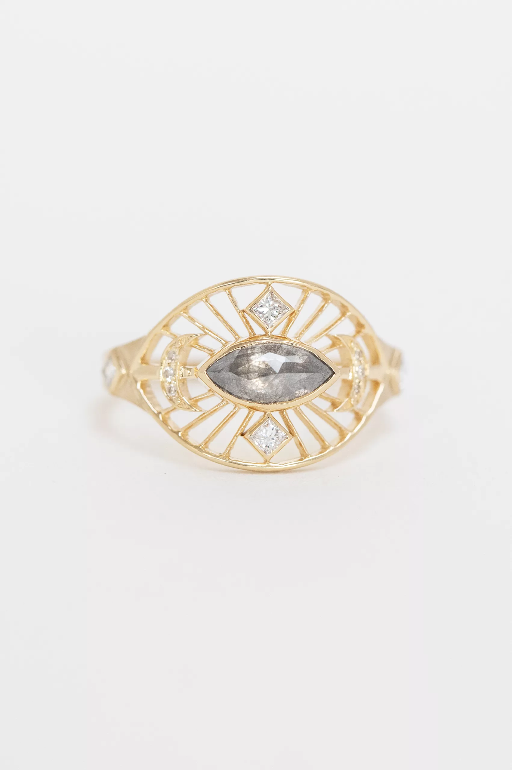 Yellow gold wide ring marquise grey diamond open filigree eye diamond frame Celine Daoust