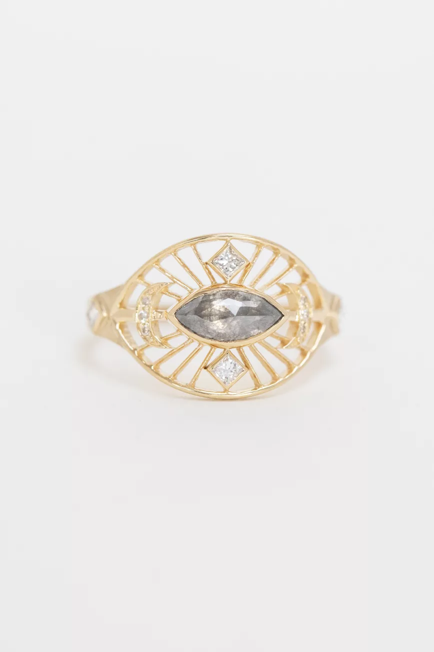 Yellow gold wide ring marquise grey diamond open filigree eye diamond frame Celine Daoust