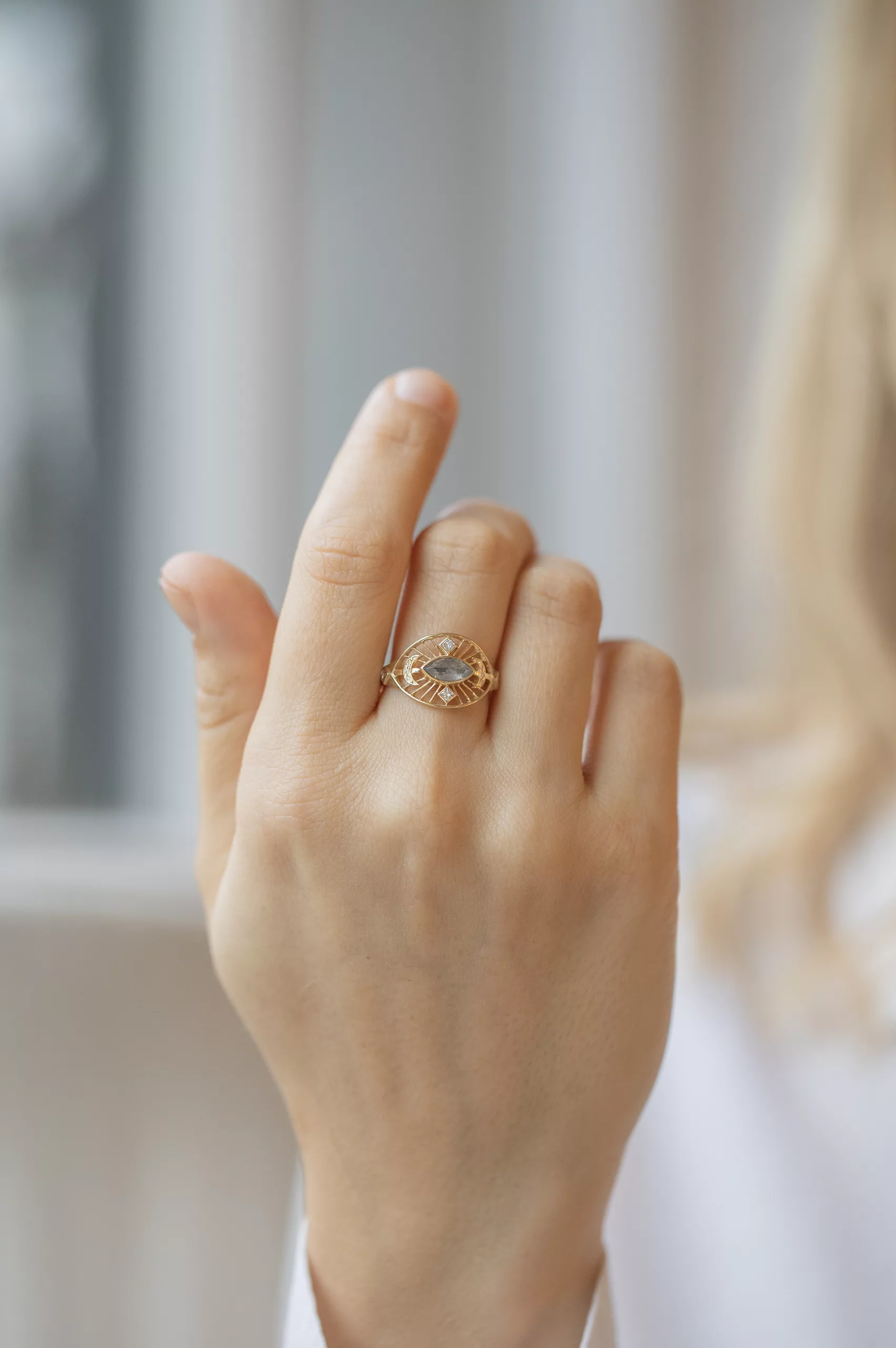 Yellow gold wide ring marquise grey diamond open filigree eye diamond frame Celine Daoust