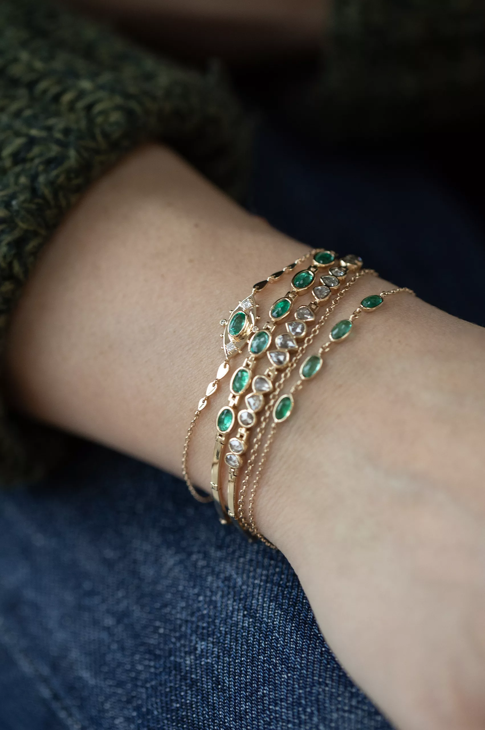 Yellow gold chain bracelet marquise emerald eye diamond accent station Celine Daoust