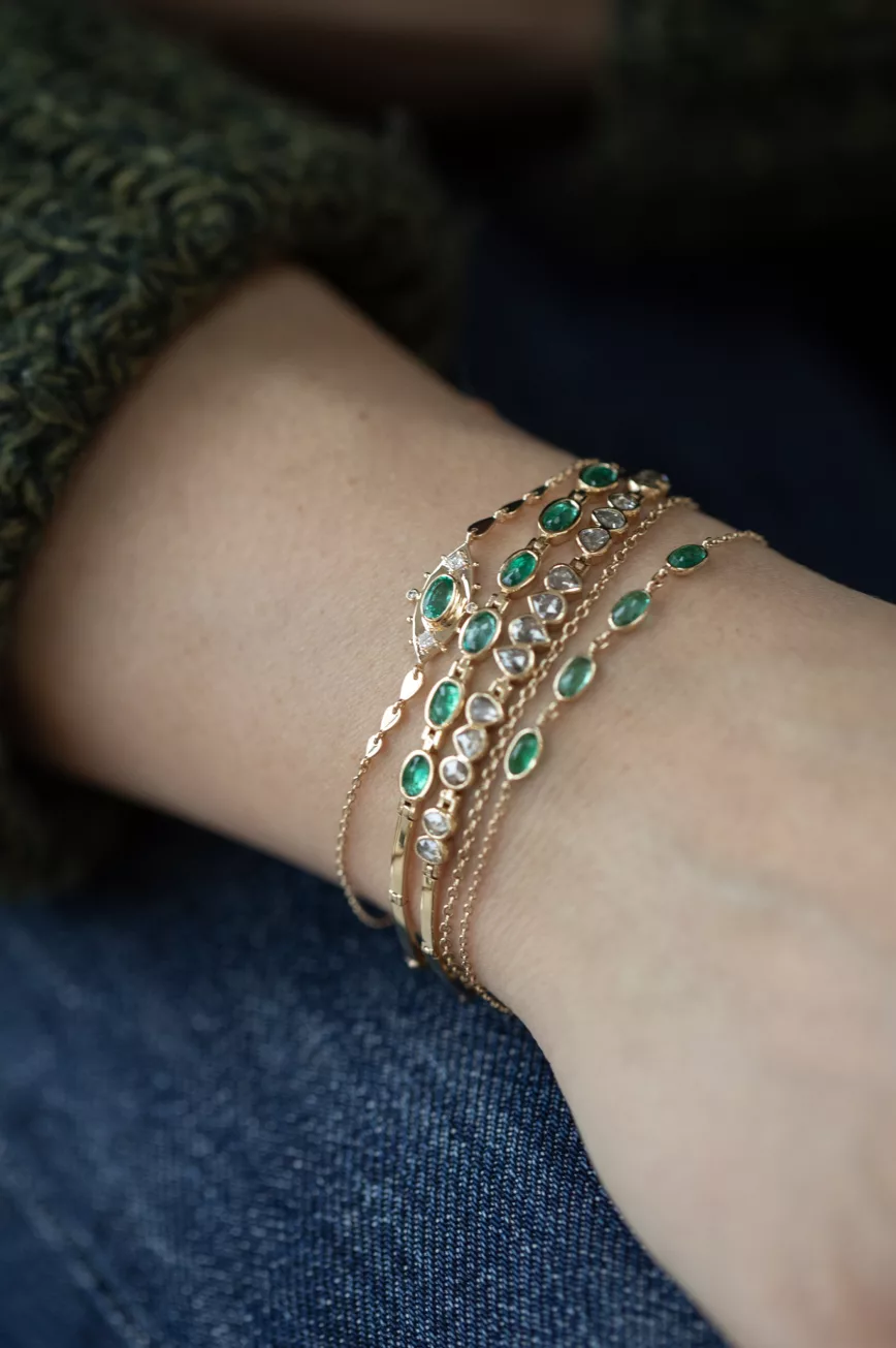 Yellow gold chain bracelet marquise emerald eye diamond accent station Celine Daoust