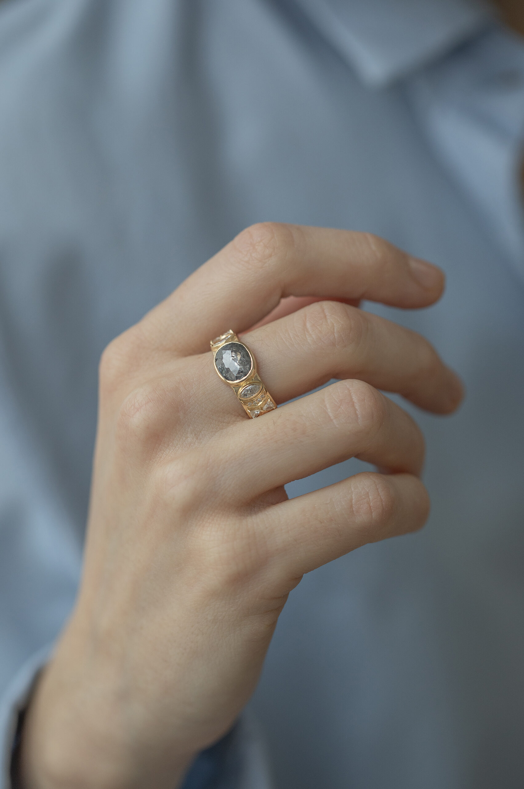 Yellow gold wide band ring oval grey diamond marquise diamond sides Celine Daoust