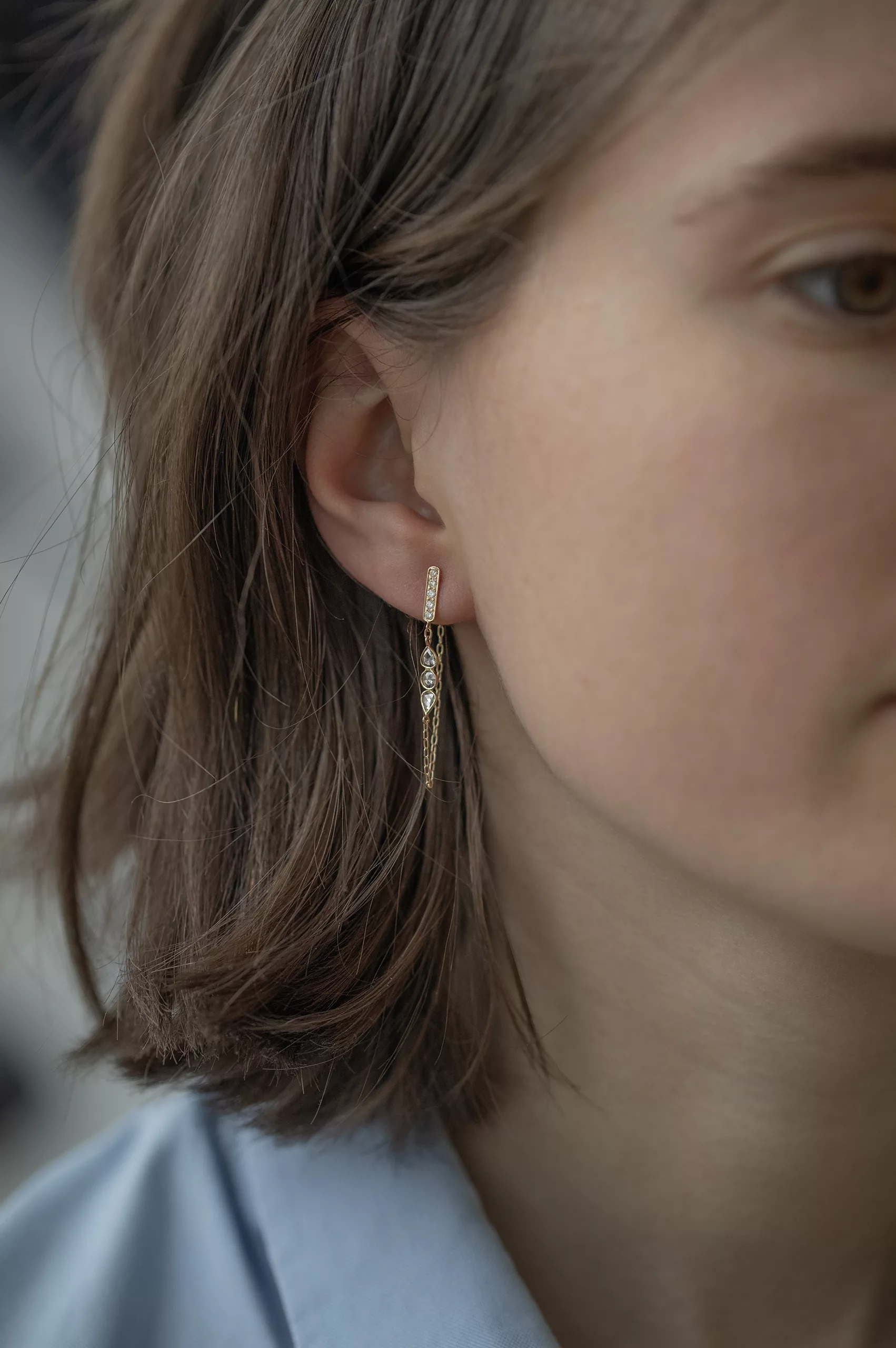 Yellow gold long drop earrings three rosecut champagne diamonds chain links pair Celine Daoust