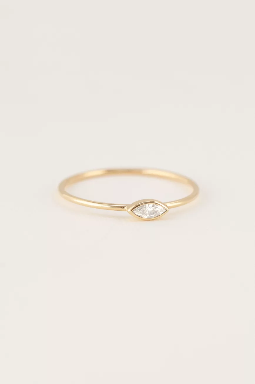 Yellow gold ring single marquise diamond open bezel slim band Celine Daoust