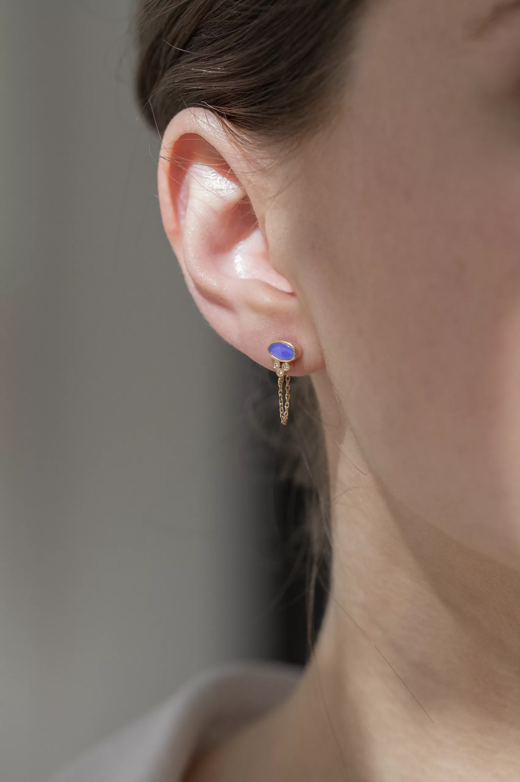 Yellow gold single chain earring opal moonstone marquise diamond drop worn on ear Celine Daoust