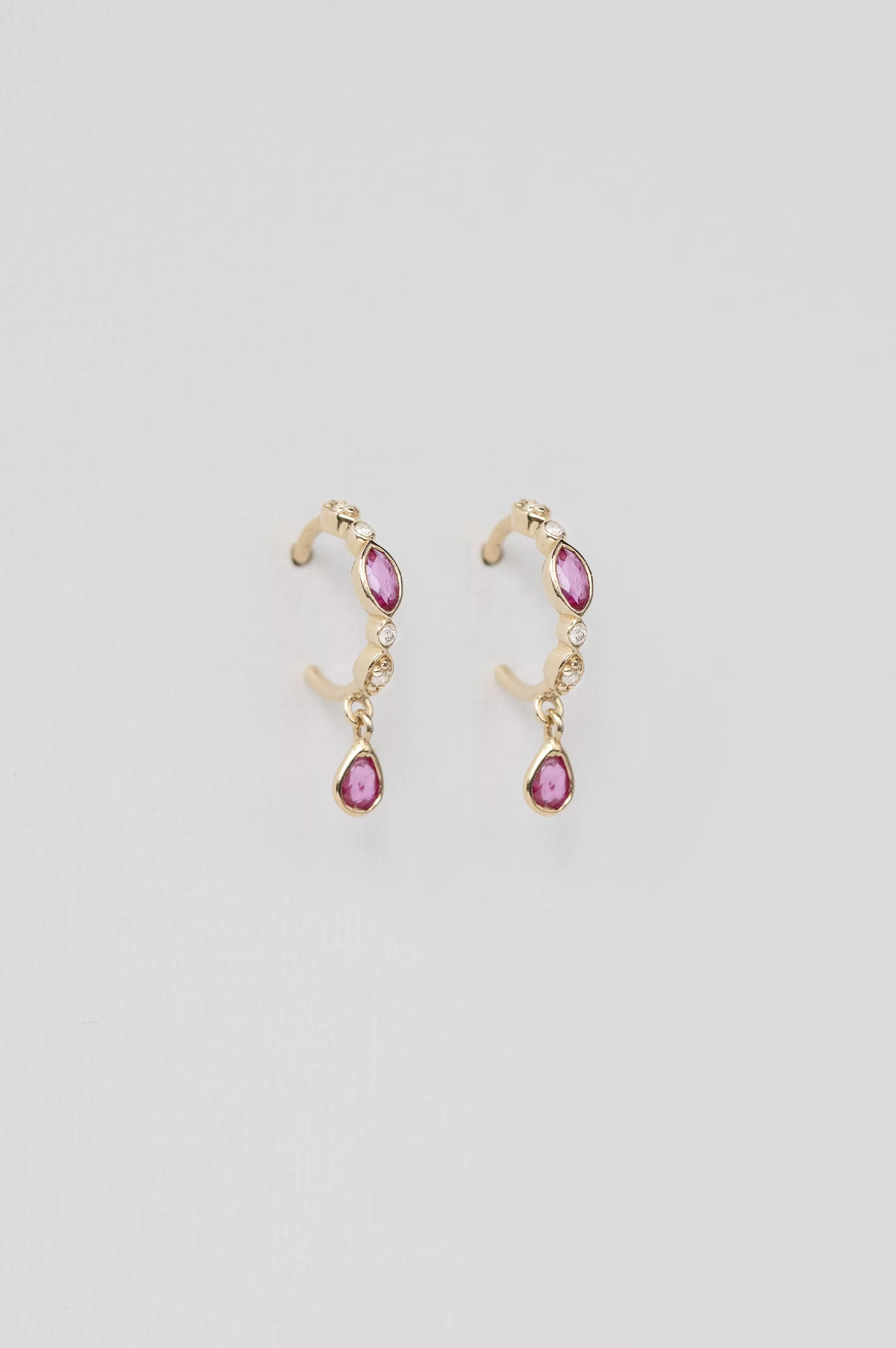 Yellow gold hoop earrings pear ruby diamond drops pair Celine Daoust