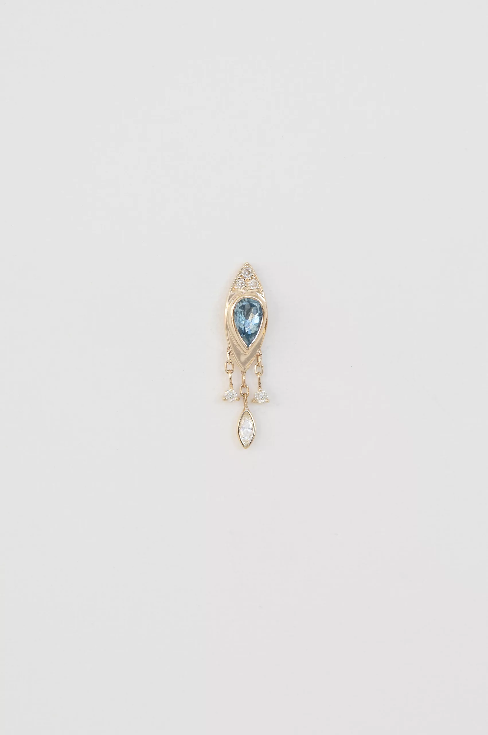 Yellow gold single drop earring pear aquamarine dangling diamond drops Celine Daoust