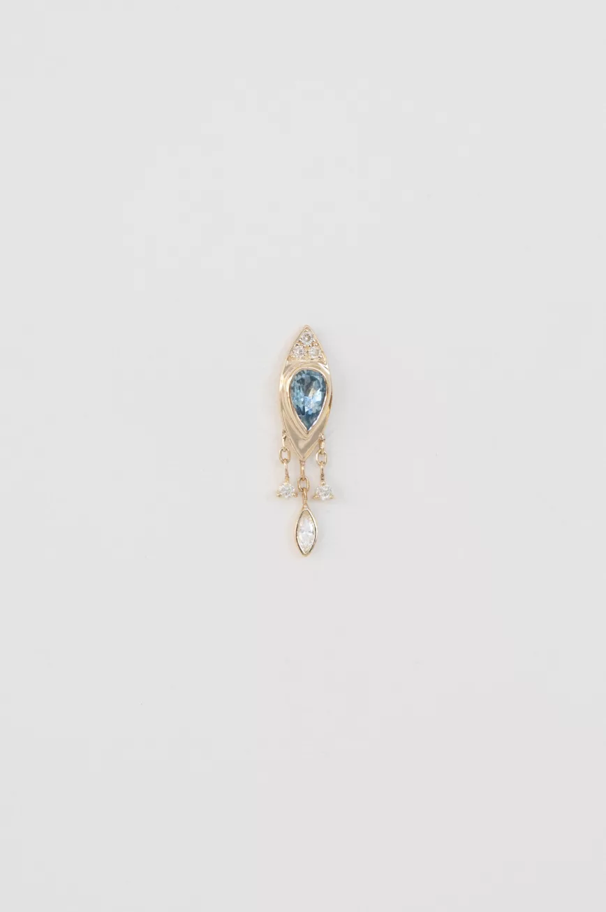 Yellow gold single drop earring pear aquamarine dangling diamond drops Celine Daoust