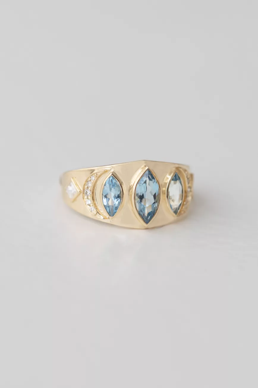 Yellow gold signet ring three marquise aquamarine diamond accent sides Celine Daoust