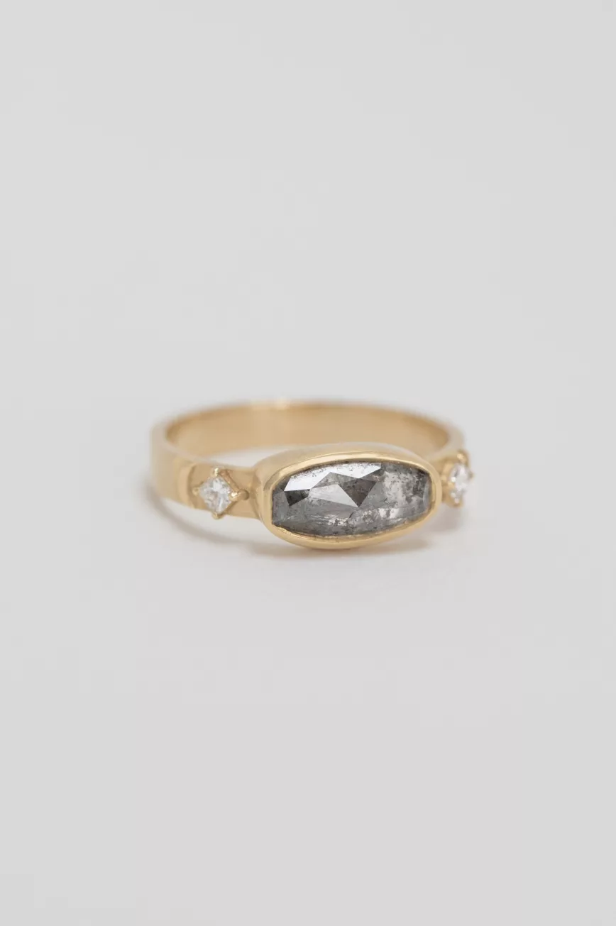 Yellow gold ring large oval grey diamond square diamond side accents Celine Daoust