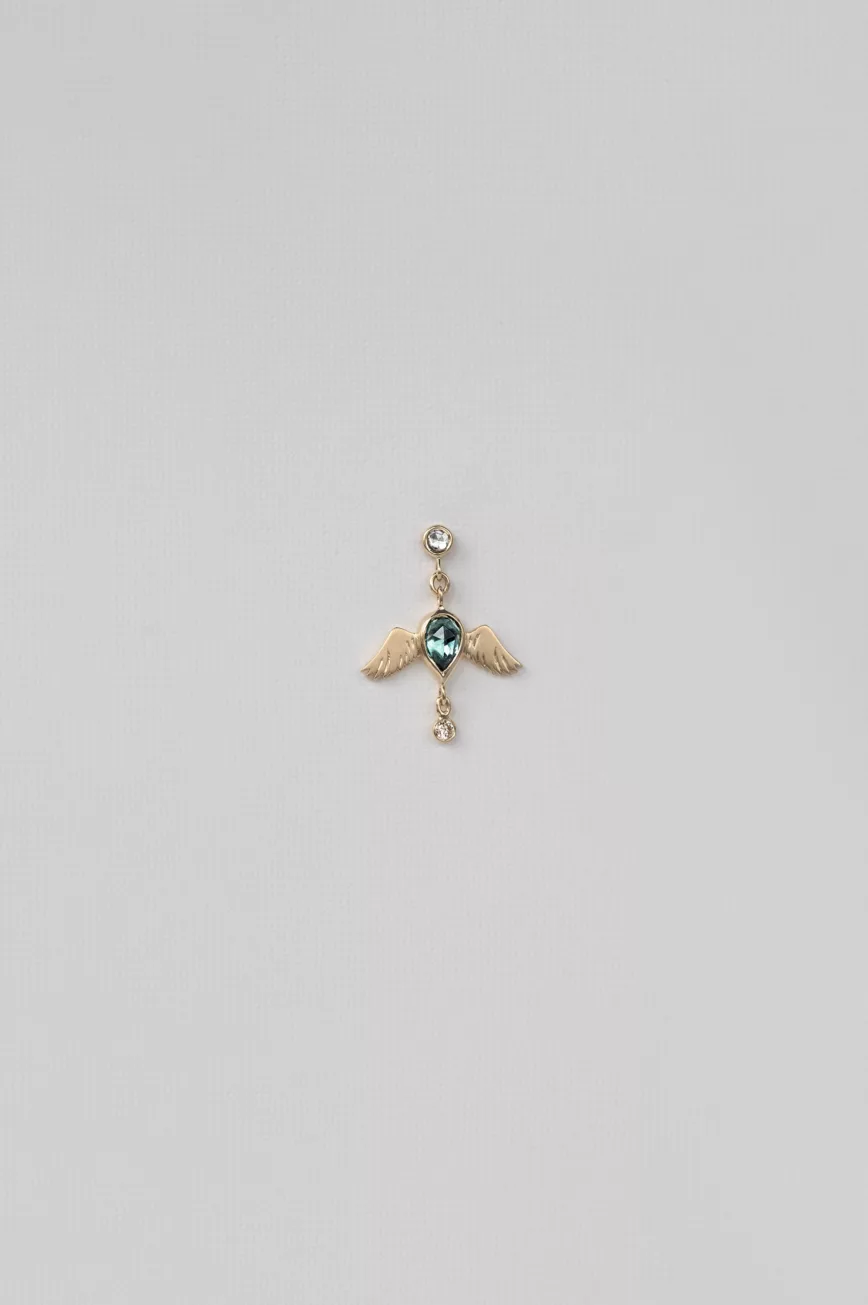 Gold single earring dark blue pear tourmaline bird motif diamond Céline Daoust