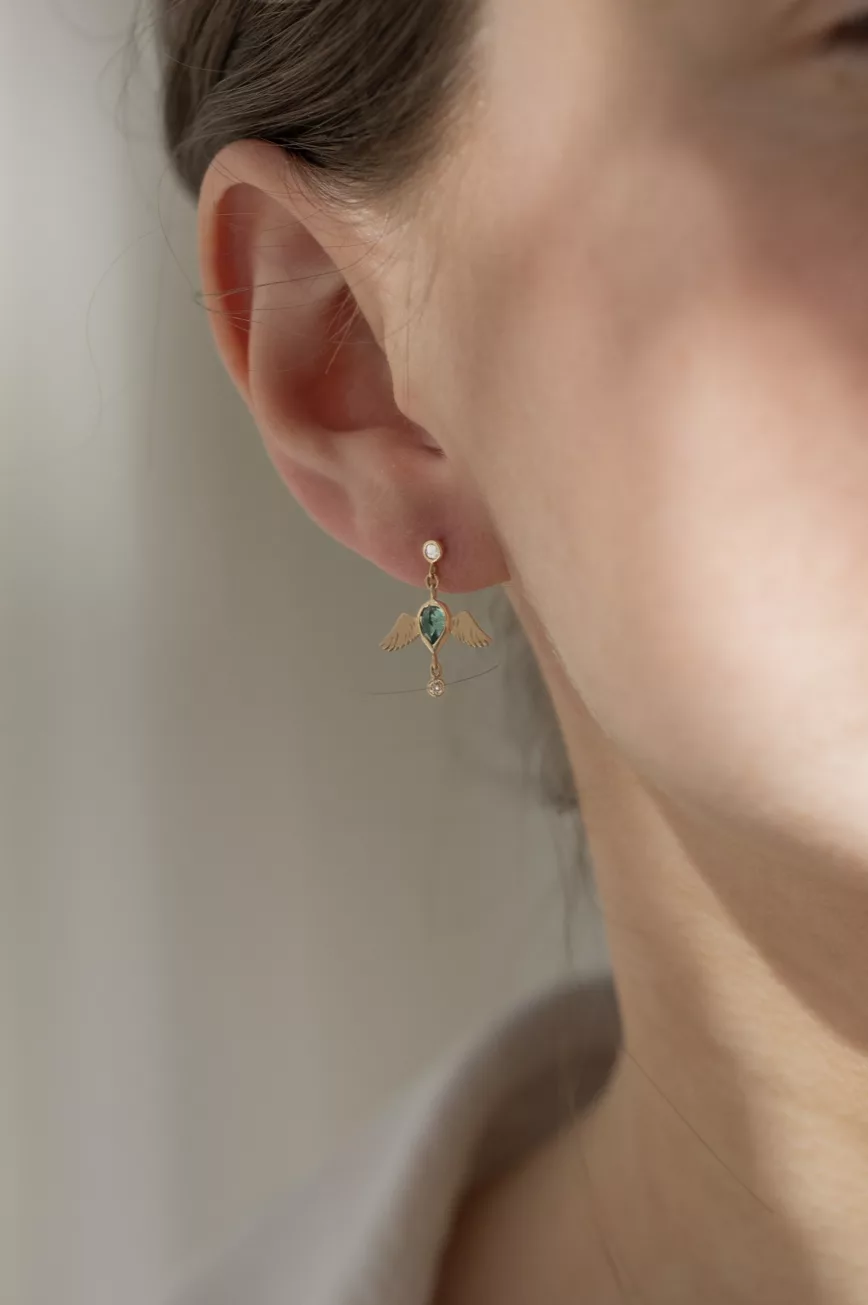 Gold single earring dark blue pear tourmaline bird motif diamond Céline Daoust