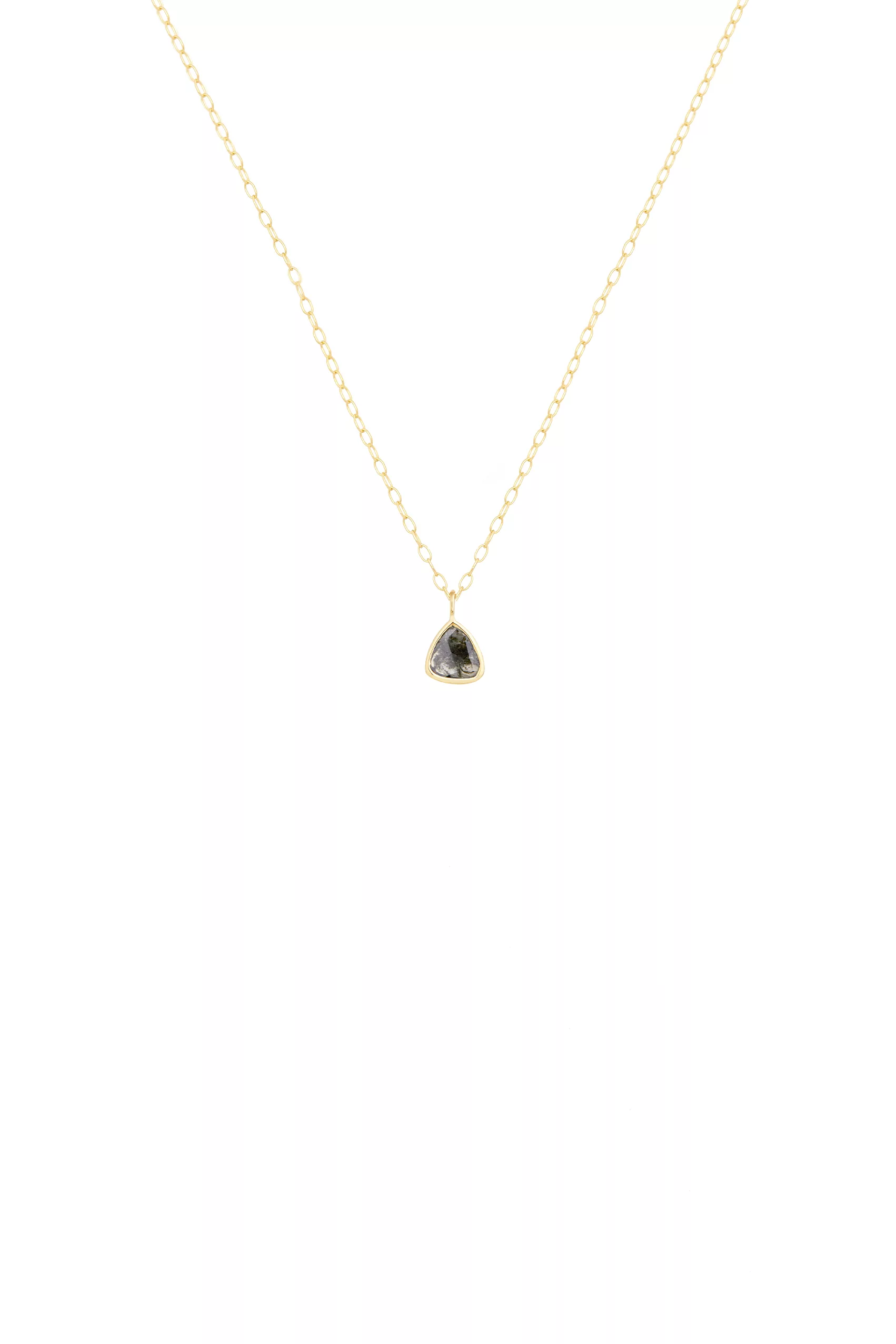 Yellow gold necklace freeform grey diamond slice bezel pendant worn on neck Celine Daoust