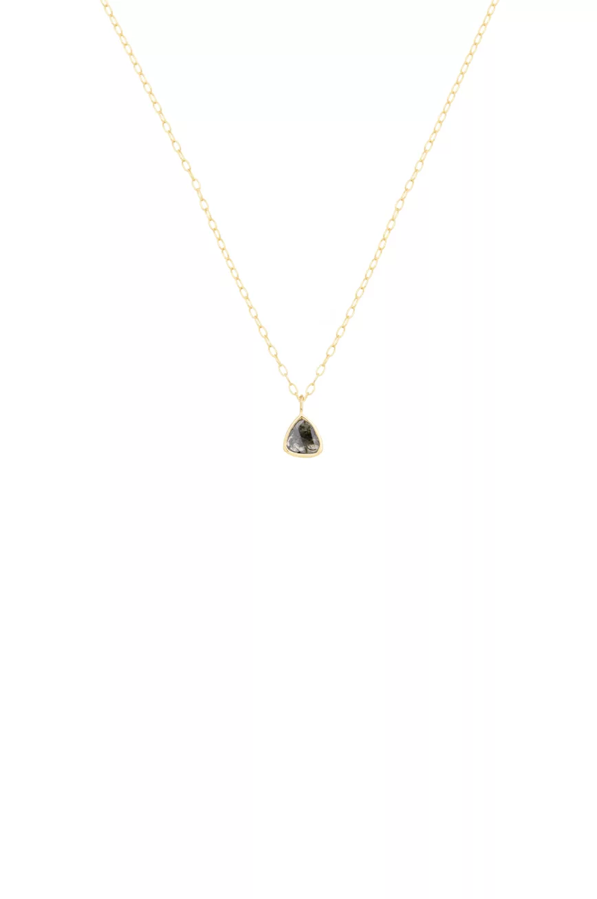 Yellow gold necklace freeform grey diamond slice bezel pendant worn on neck Celine Daoust