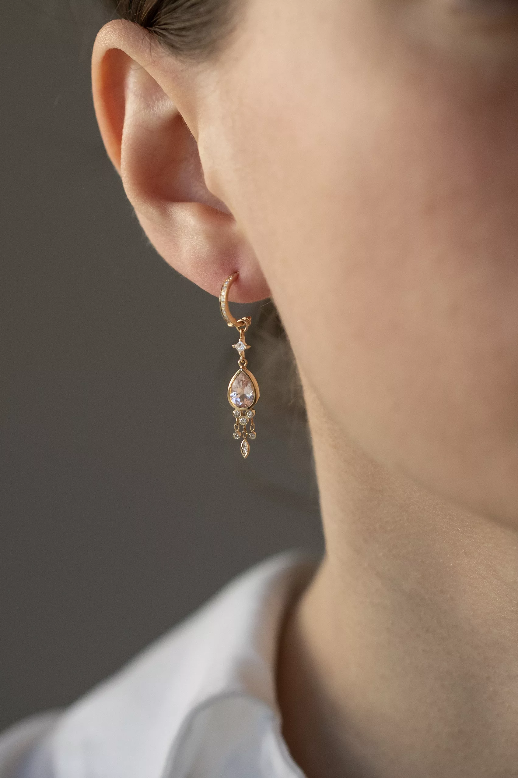 Yellow gold single hoop earring pear light pink tourmaline dangling diamond drops Celine Daoust