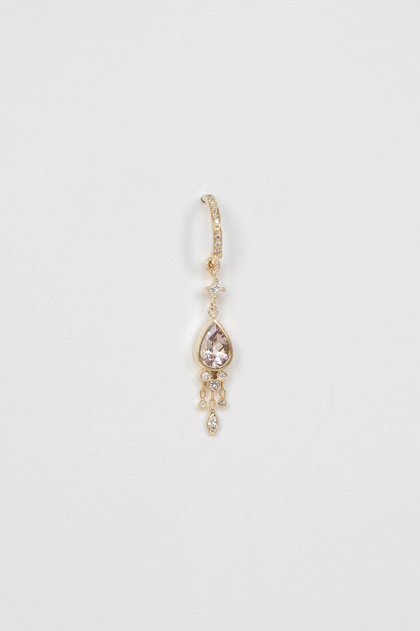 Yellow gold single hoop earring pear light pink tourmaline dangling diamond drops Celine Daoust