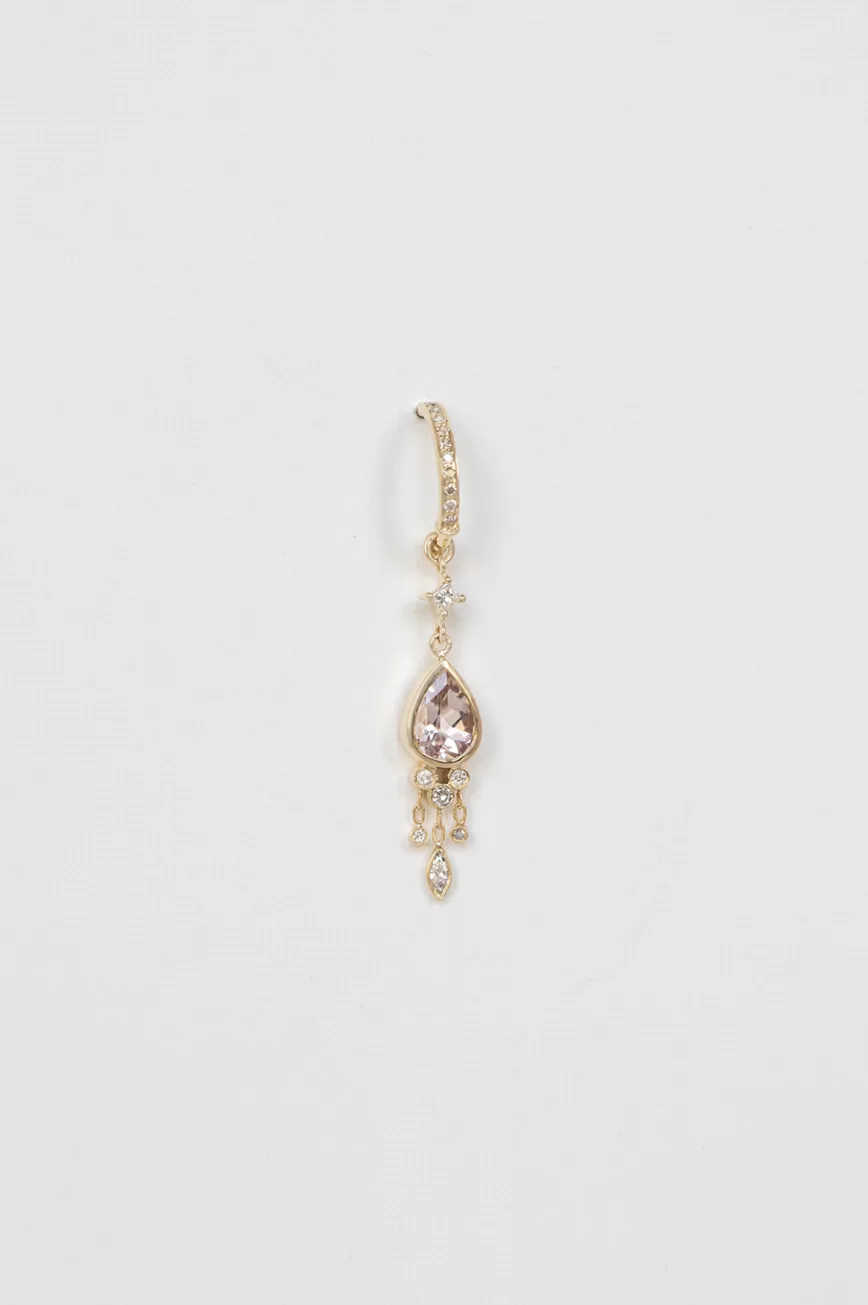 Yellow gold single hoop earring pear light pink tourmaline dangling diamond drops Celine Daoust