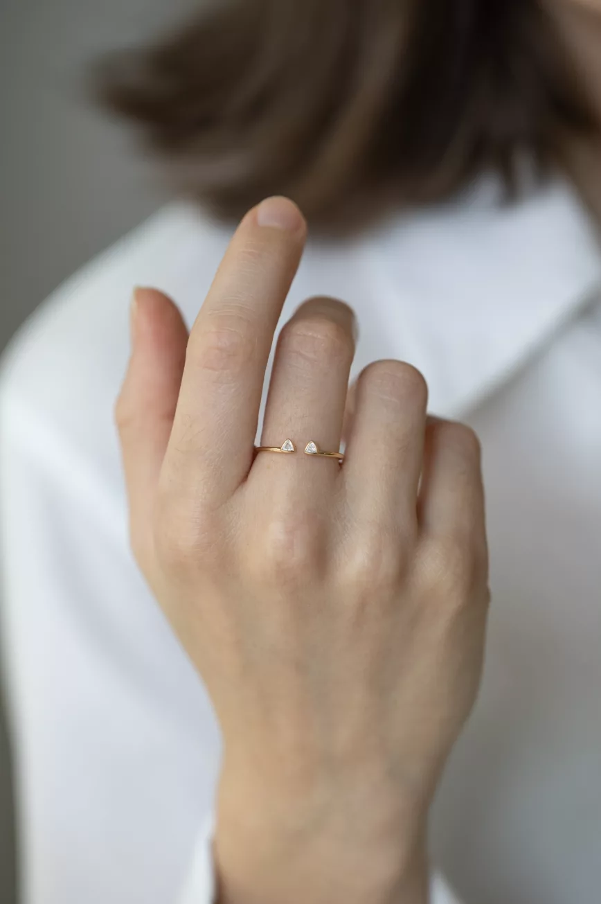 Gold open ring two triangle-cut diamonds cat ear motif Celine Daoust