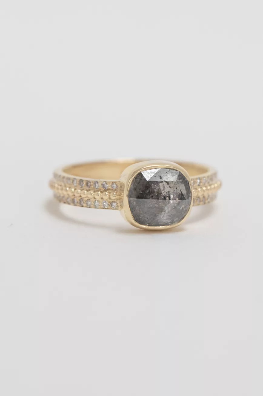 Yellow gold ring cushion grey diamond pavé diamond double band Celine Daoust
