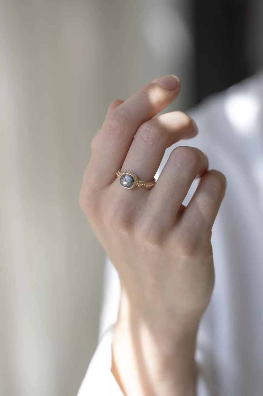 Yellow gold ring cushion grey diamond pavé diamond double band Celine Daoust