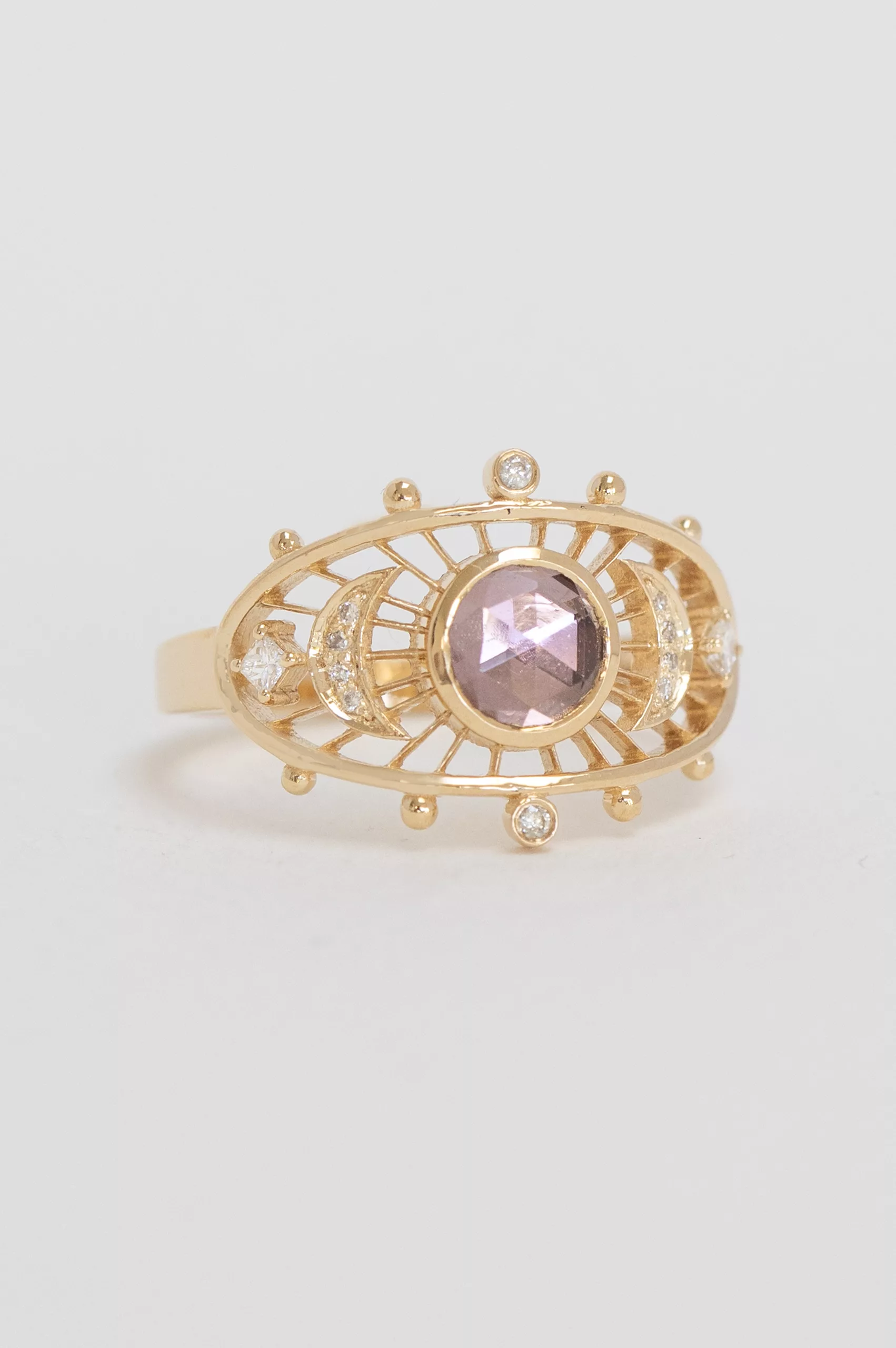 Yellow gold pink round tourmaline moon crescent diamonds open work ring Celine Daoust