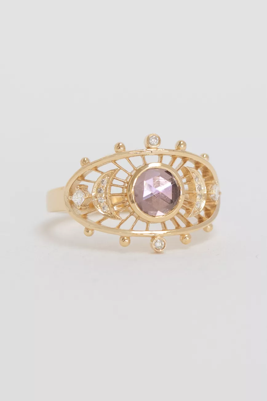 Yellow gold pink round tourmaline moon crescent diamonds open work ring Celine Daoust