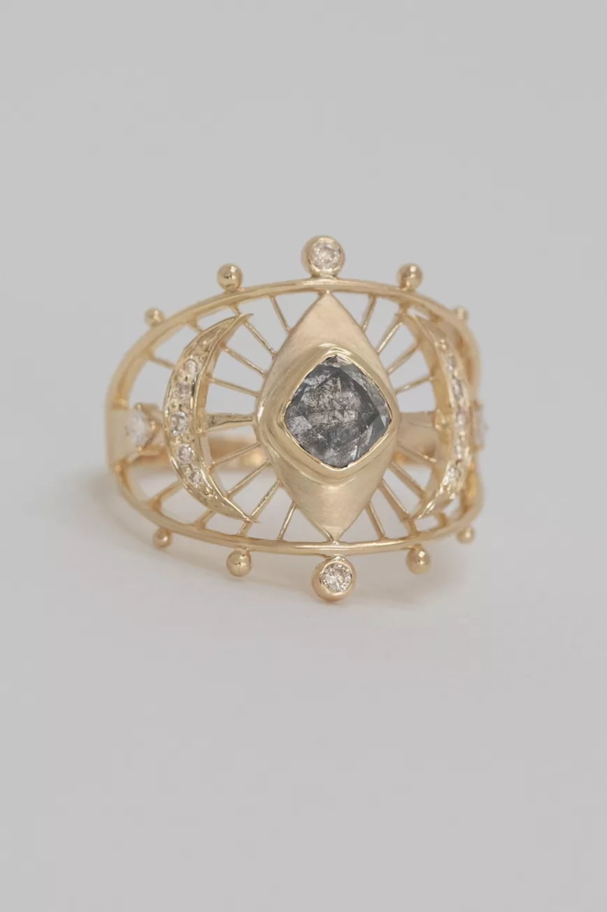 Gold wide ring grey diamond eye motif open geometric frame Celine Daoust