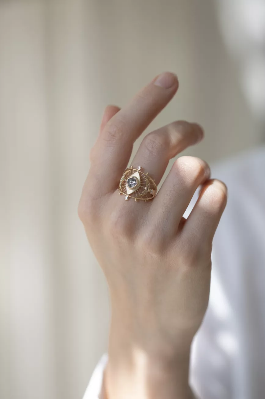 Gold wide ring grey diamond eye motif open geometric frame Celine Daoust