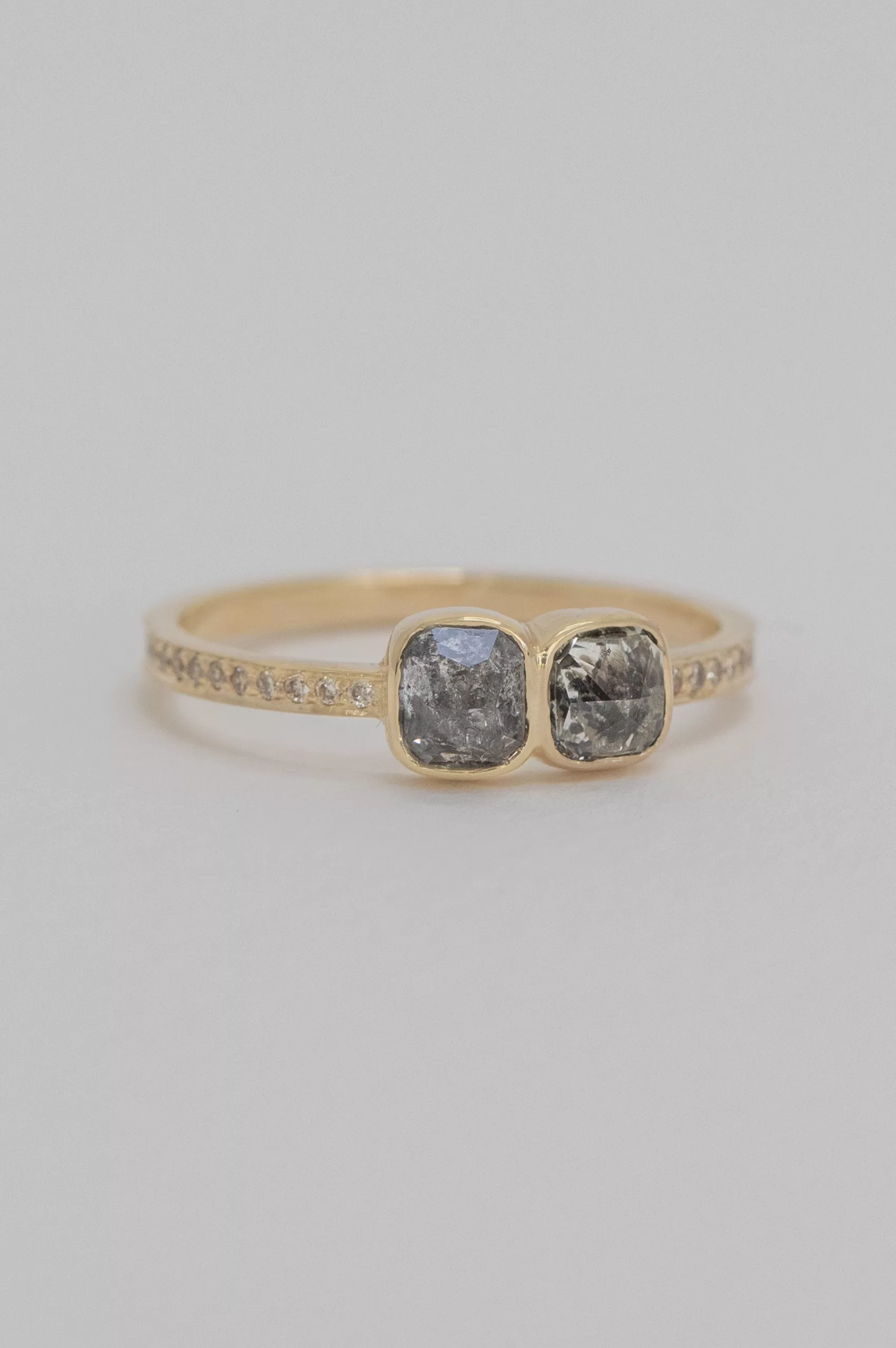 Yellow gold ring two cushion grey diamonds pavé diamond band Celine Daoust