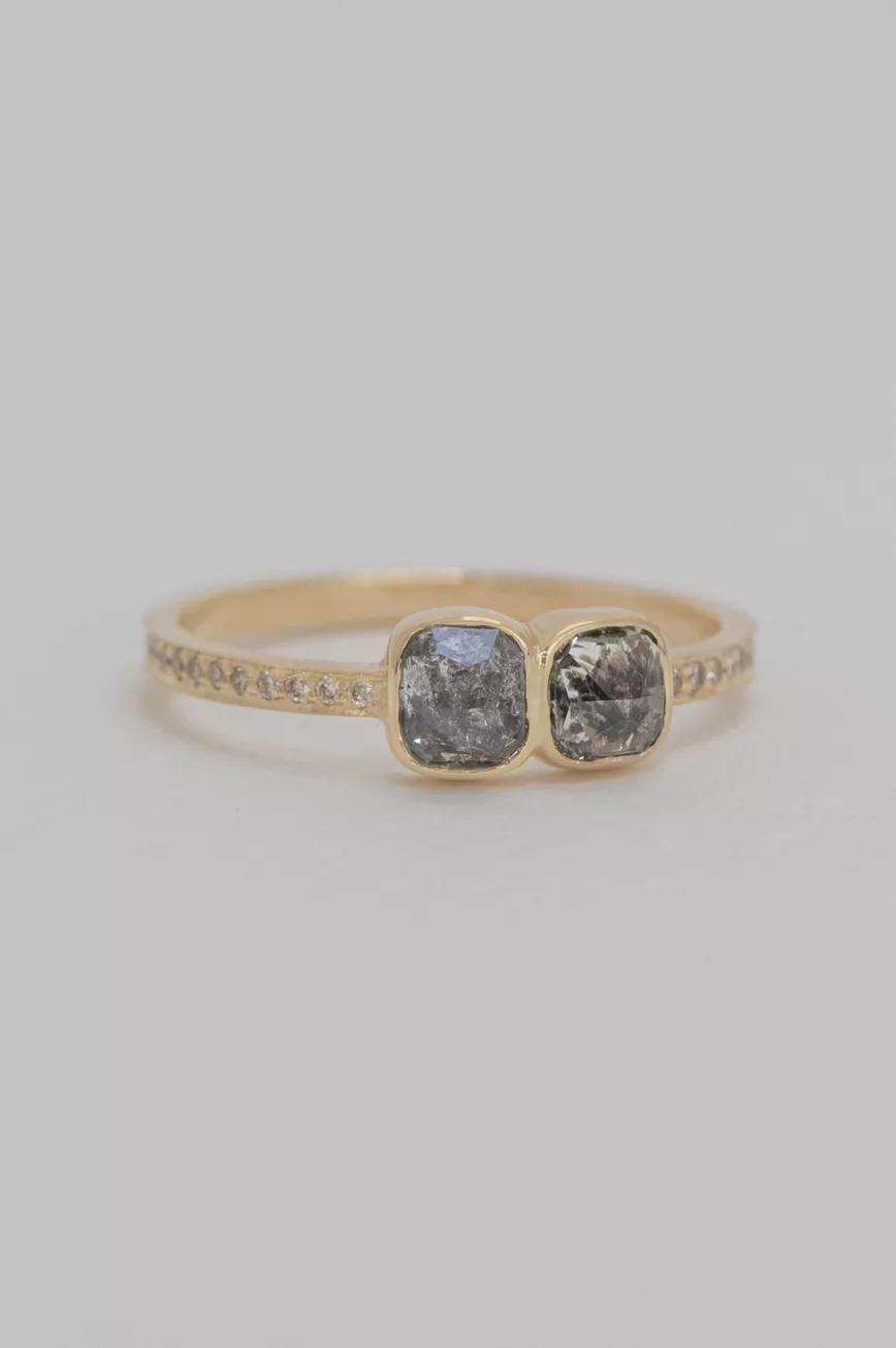 Yellow gold ring two cushion grey diamonds pavé diamond band Celine Daoust